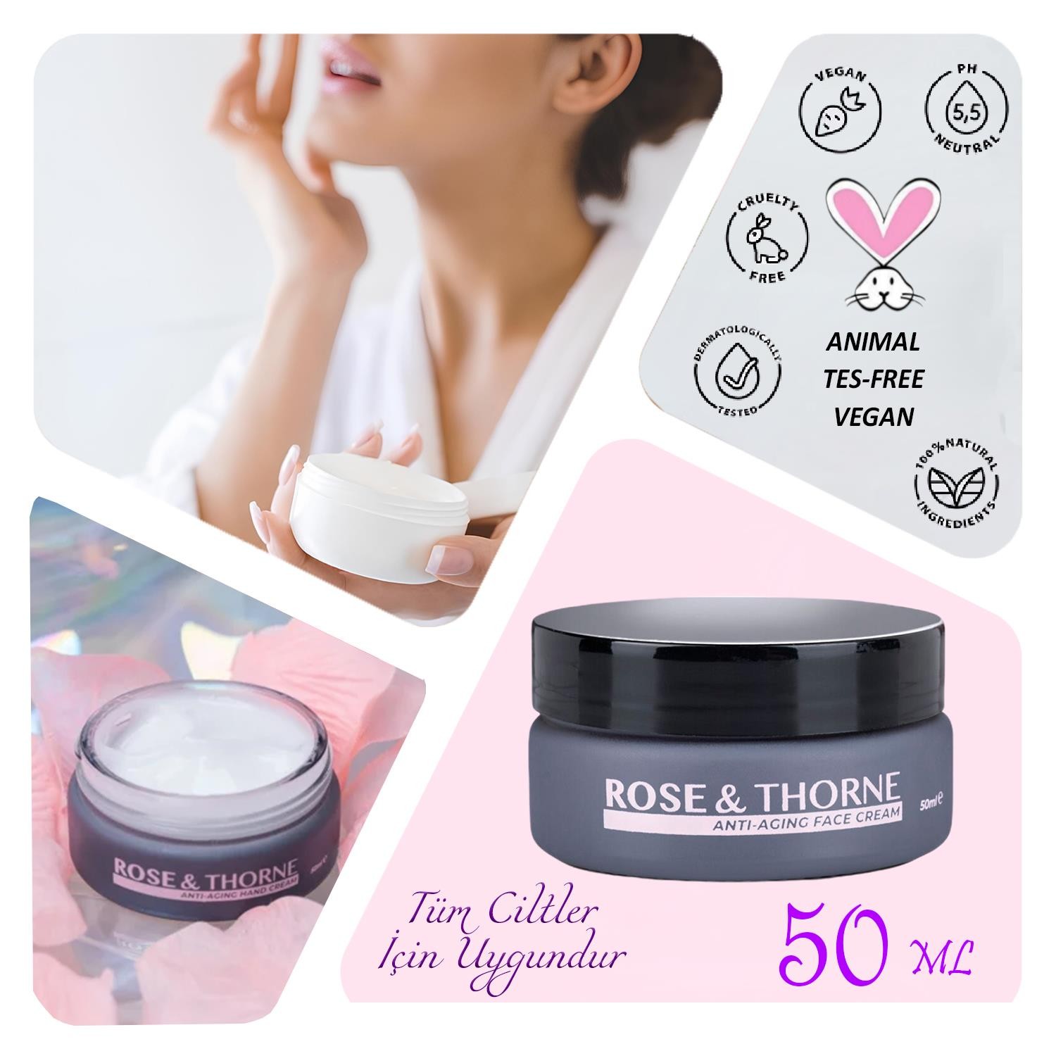 Rose Thorne 50 Ml Yaşlanma Karşıtı Yüz Bakım Kremi Nemlendirici Rosehip Yağ Hyalüronik Asit Kolajen