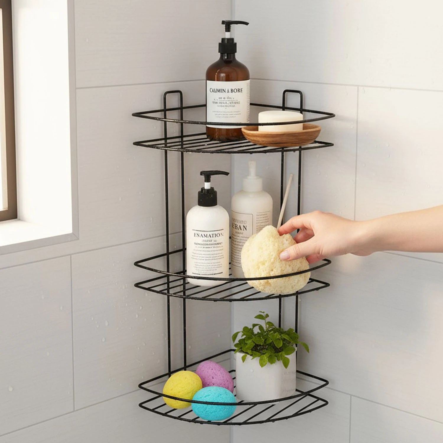 Siyah Vidalı 3 Katlı Köşe Şampuanlık Duş Rafı Metal Banyo Organizeri Paslanmaz Şampuan Sabunluk