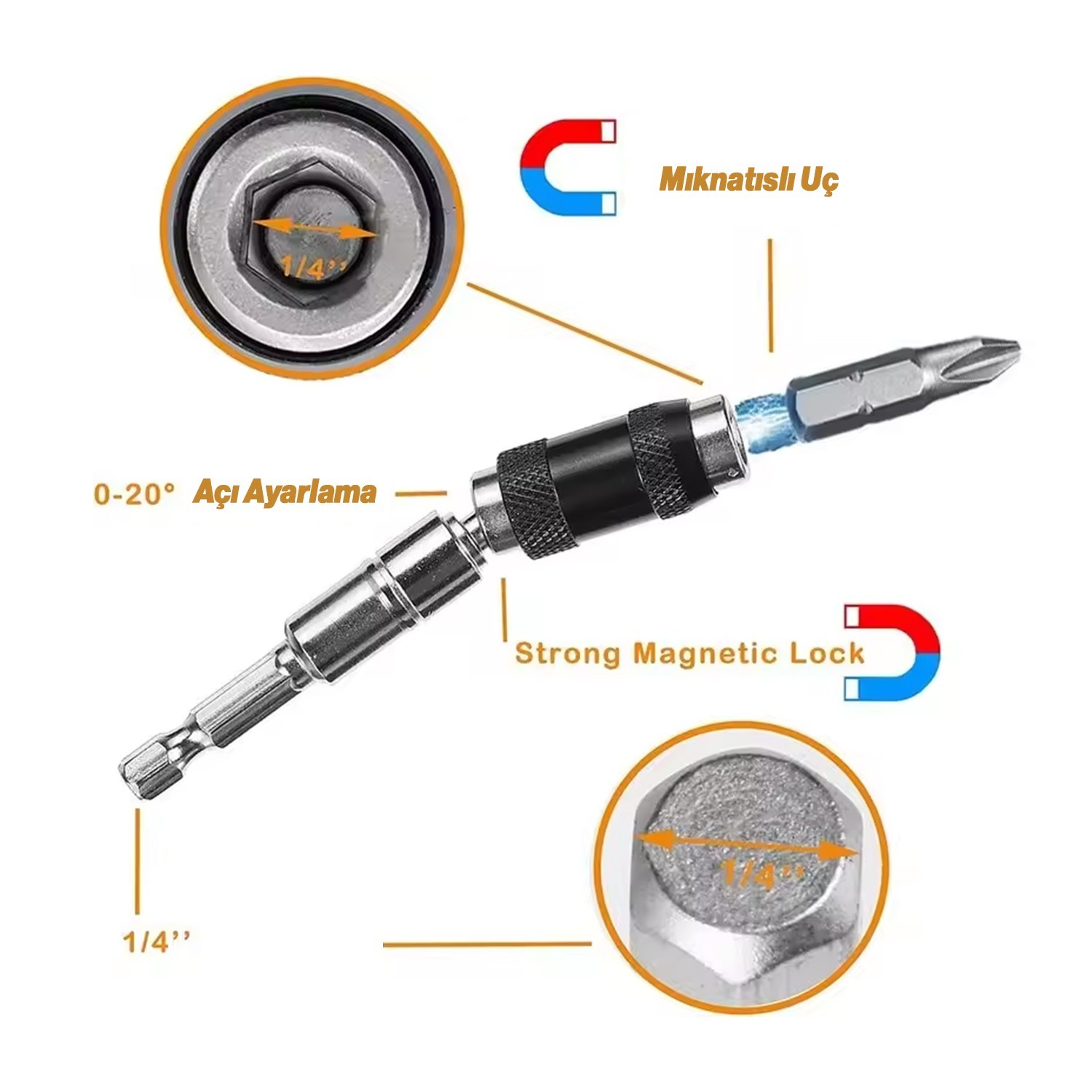 Açılı Oynar Başlıklı Bits Uç 1/4" 90 mm Manyetik Mıknatıslı Matkap Uyumlu 20° Lokma Ucu 1 Adet