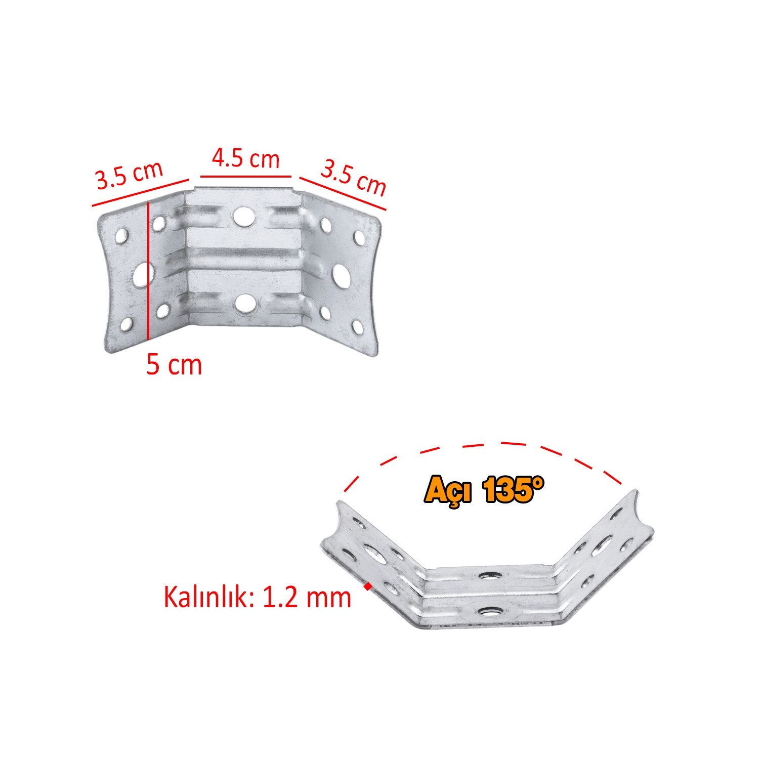 Açılı 135° Köşe Birleştirme Bağlantı Aparatı 4 Adet Mobilya Köşebent Sacı Gönye Metal 35x35x50 mm