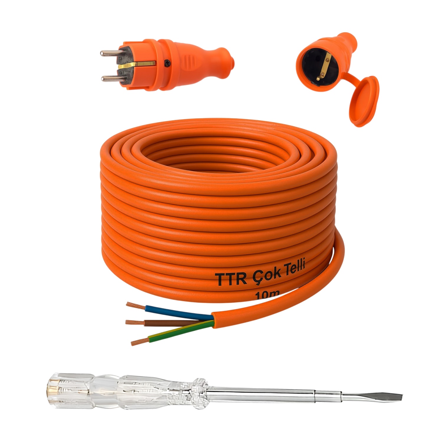 Seyyar 10 Metre Uzatma Kablosu TTR CCA Çok Telli 3x1.5 mm Elektrik Kablo Kontrol Kalem Dişi Erkek Fiş