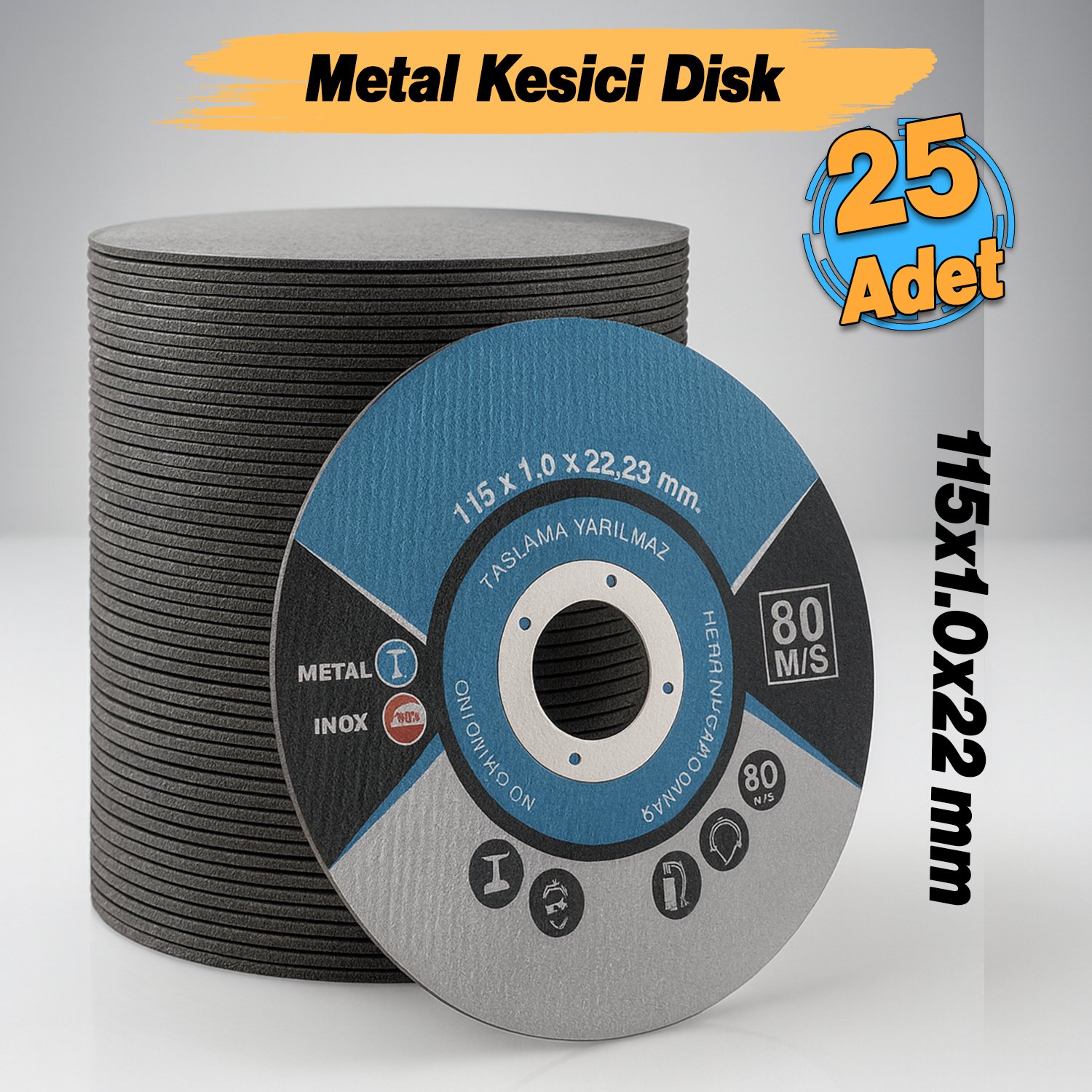 İnox Metal Kesici (25 Adet) Kesme Diski 115x1,0x22,23 mm İnce Taş Disk Spiral Demir Kesici Disk