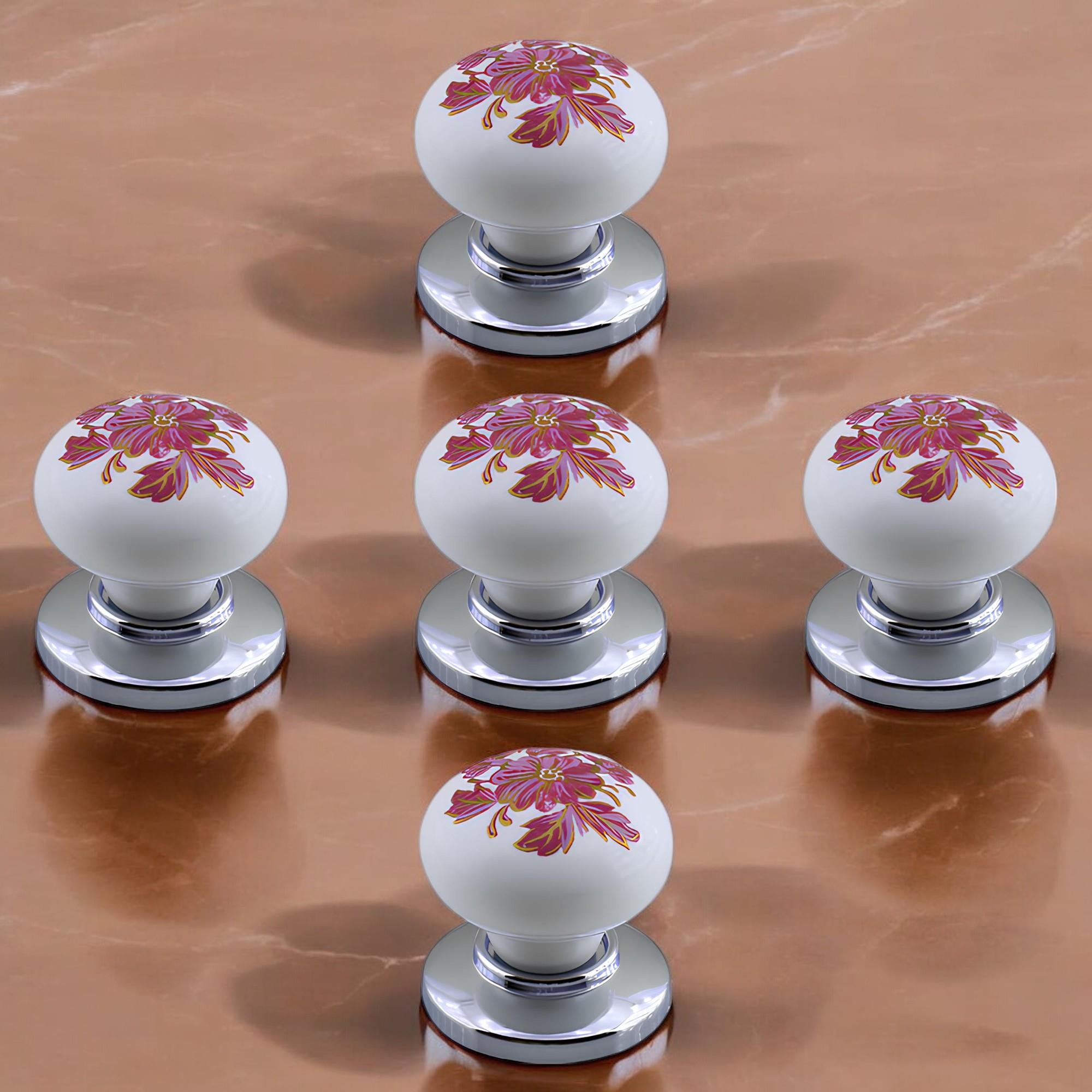 Polimer Kulp Düğme Pembe Çiçek Desenli Krom Tabla Mobilya Mutfak Dolabı Çekmece Kulpu Kulbu 5 ADET