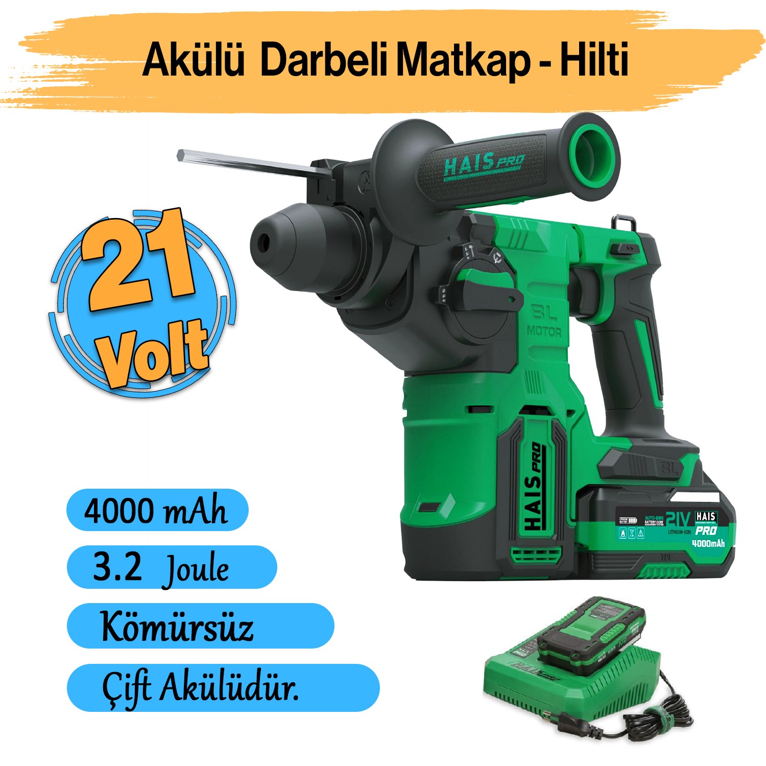 Haıs Akülü Şarjlı Kırıcı Delici Hilti Kömürsüz Darbeli Matkap 21 V Metal Beton Delme 3.2 Joule Güç