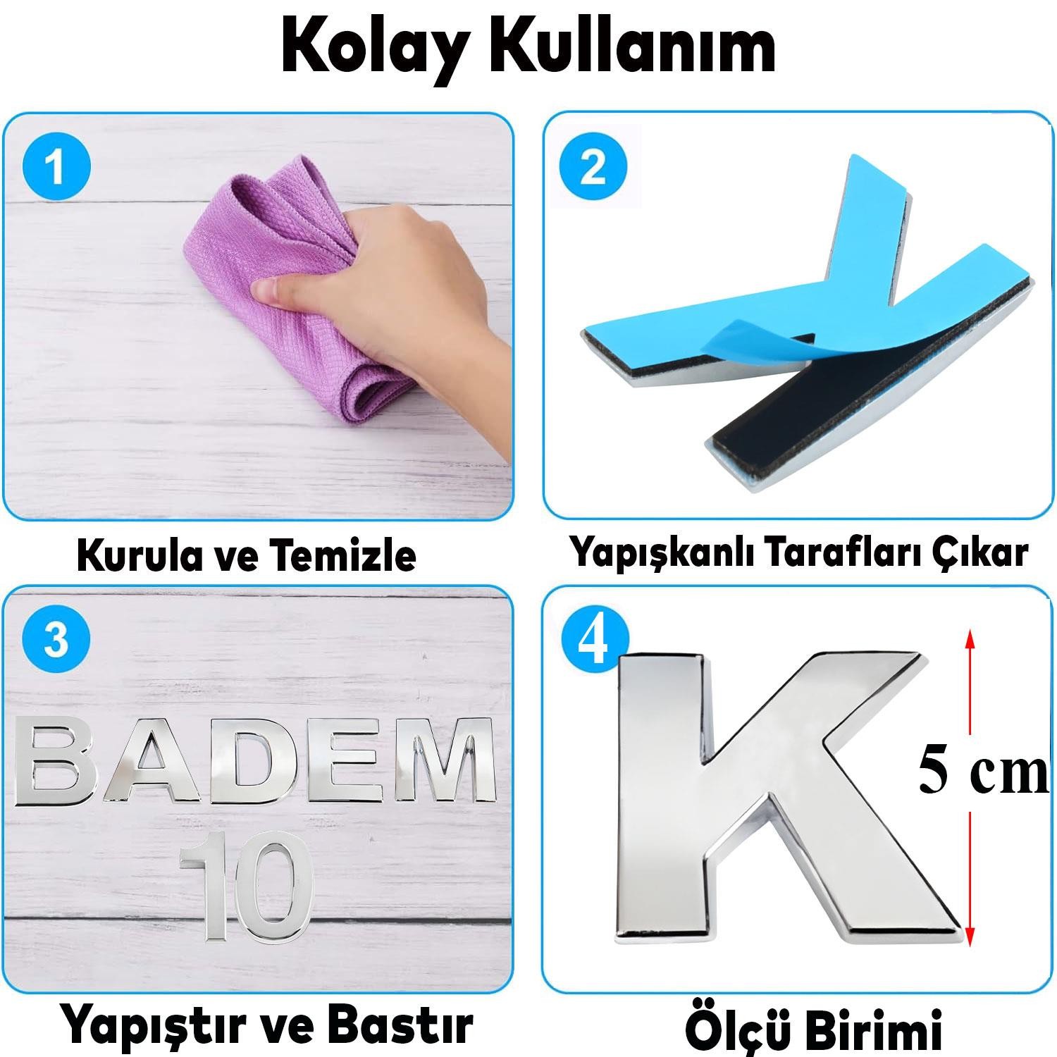 Harf Yapışkanlı K Harfi 5 cm Kapı Oda Posta Kutusu Oto Araç Harfi Yazısı Parlak Krom Gümüş 