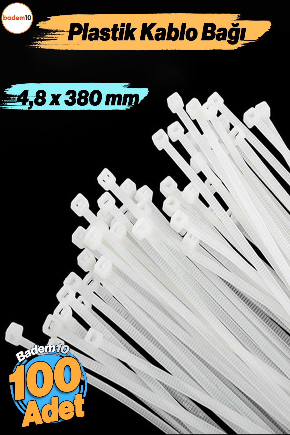 100 Adet Cırt Kelepçe 4,8x380 mm Plastik Beyaz Renk Zip Kablo Bağı Çok Amaçlı Bağlama