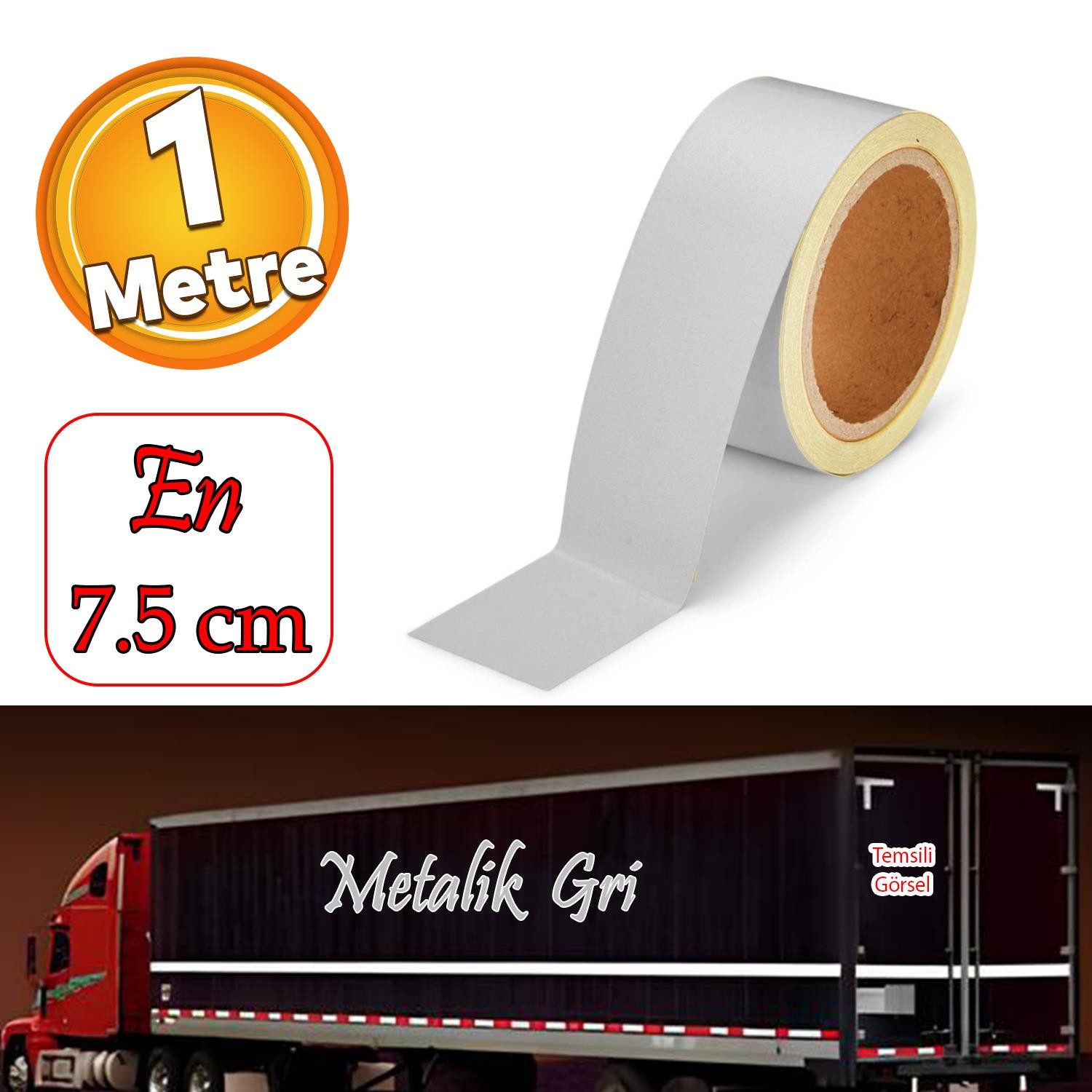 Düz Desensiz En 7.5 cm 1 Mt İkaz Bandı Reflektif Metalize Gri Renk Gece Parlayan Reflektörlü Bant