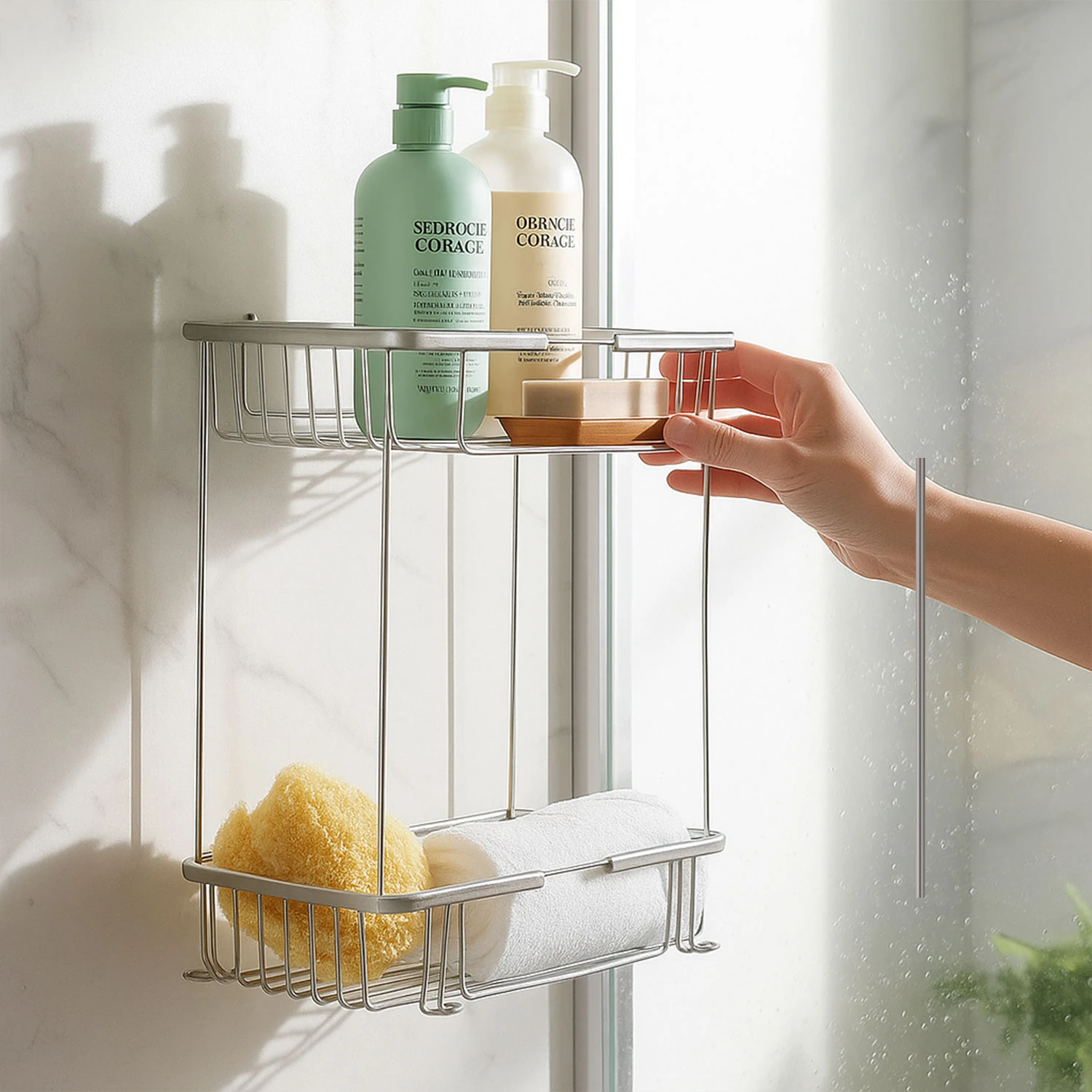 İki Katlı Krom Banyo Şampuanlık Kare Tasarım Çift Kat Duş Rafı Paslanmaz Metal Duvar Organizeri