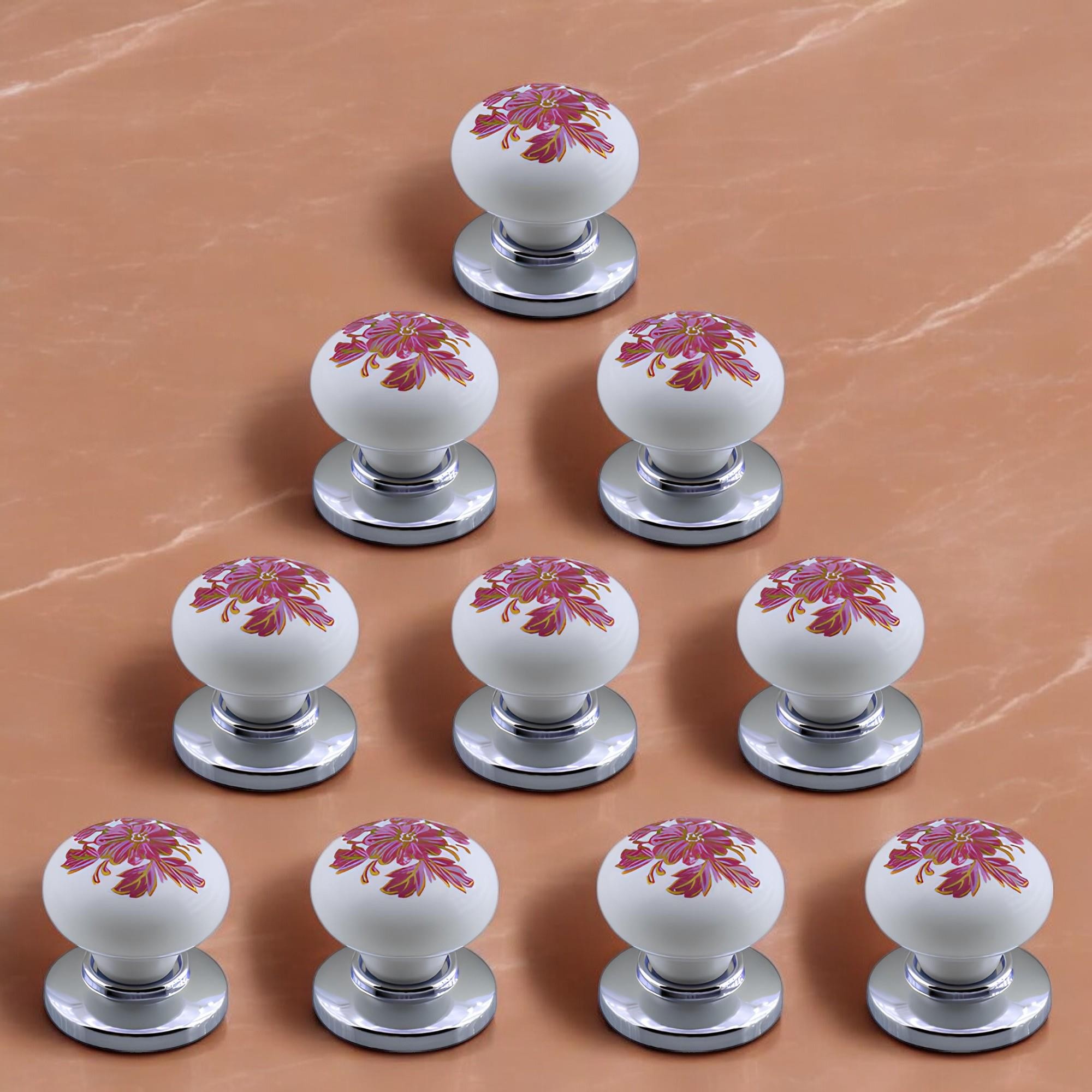 Polimer Kulp Düğme Pembe Çiçek Desenli Krom Tabla Mobilya Mutfak Dolabı Çekmece Kulpu Kulbu 10 ADET