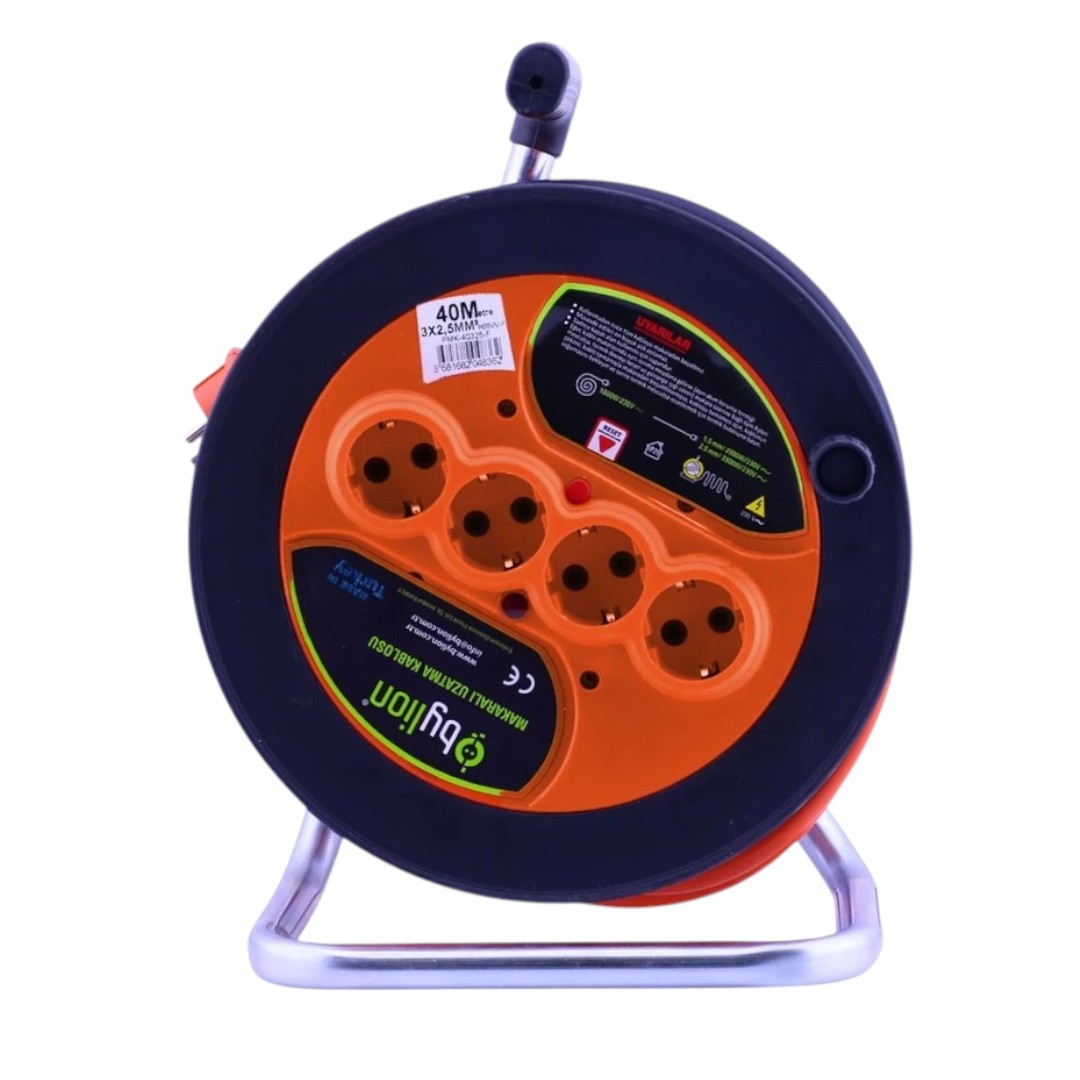 Bylion PMK-40325-F IP20 Plastik Makaralı Seyyar 4 Prizli Uzatma Kablosu 3x2.5 mm CCA Kablo 40 Metre Termal Sigorta