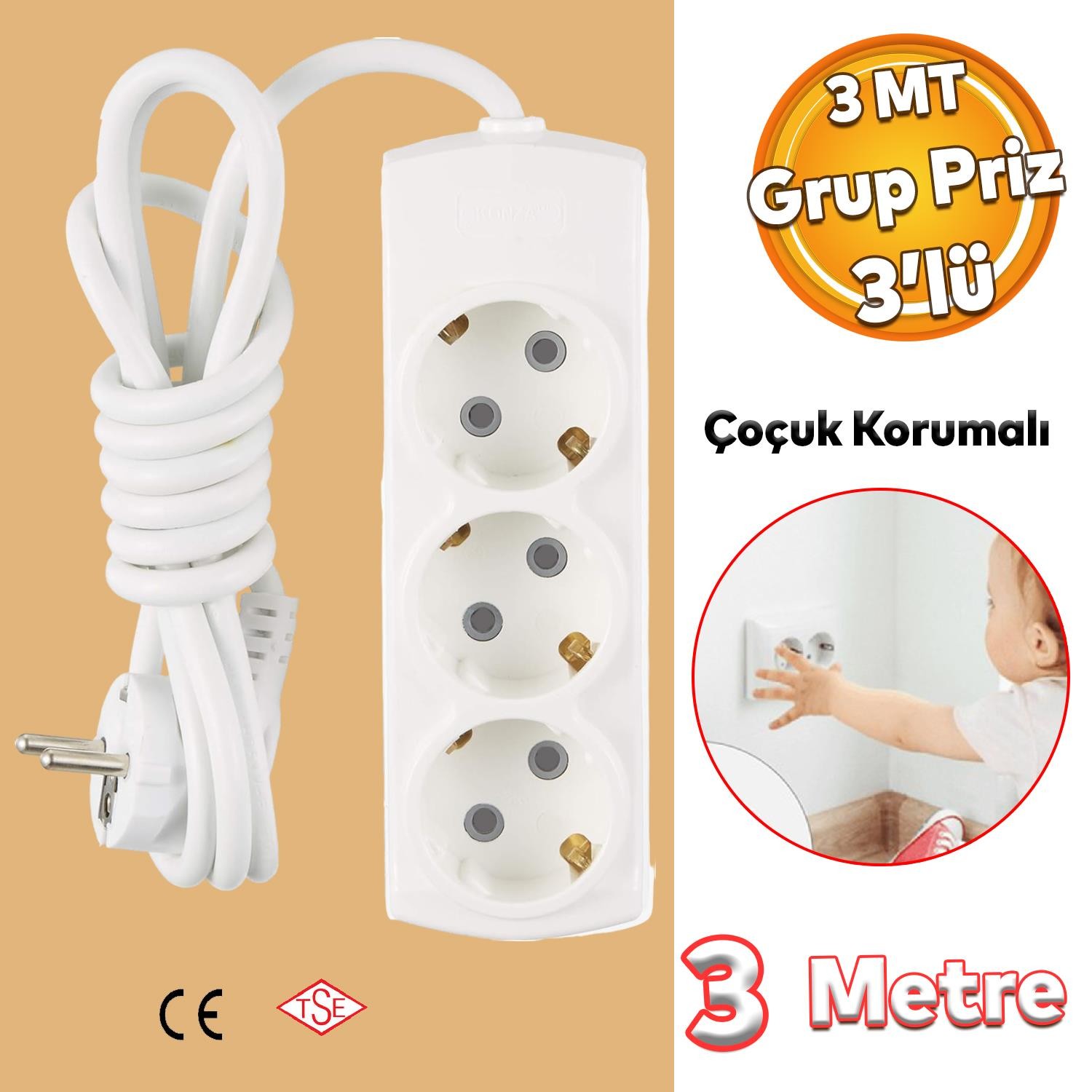 Çoçuk Korumalı Kablolu 3'lü Topraklı Grup Priz Çoğaltıcı 3 Metre Çoklu Uzatma Kablosu Anahtarsız 