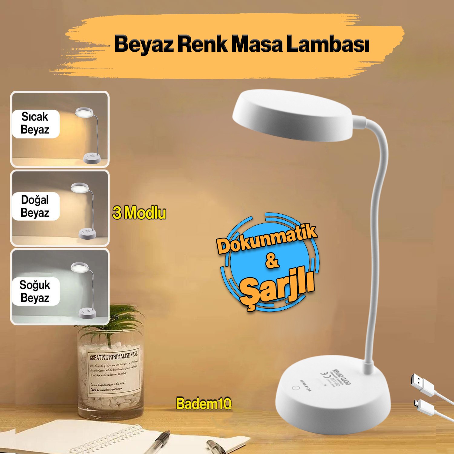 Şarjlı Akrobat 360° Masa Üstü Lamba 3 Kademe Dokunmatik Çalışma Okuma Işığı Gece Lambası Soft Işık