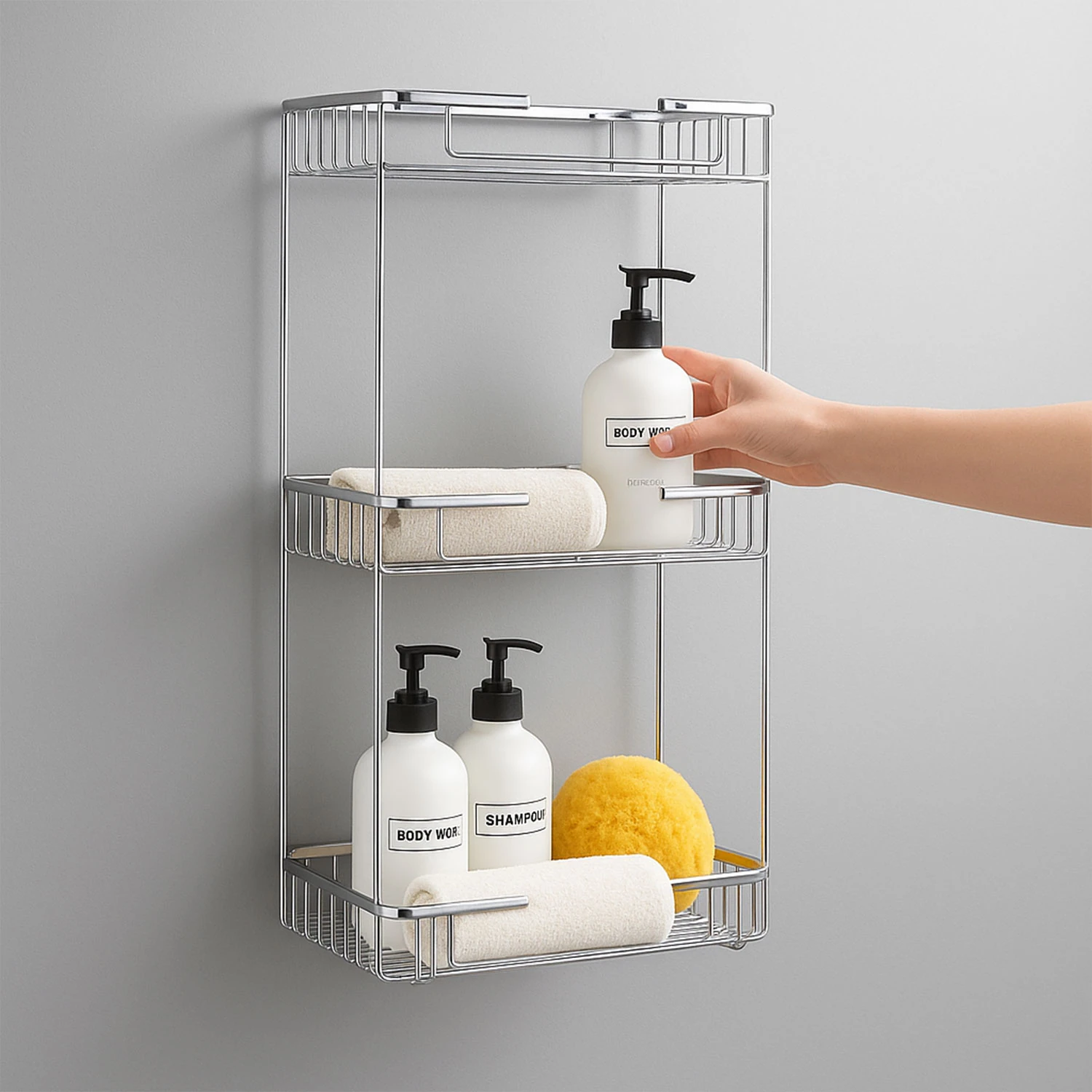 Banyo Duş Köşe Rafı Üç Katlı Kare Şampuanlık Krom Paslanmaz Metal Düzenleyici Raf Sistemi 50 cm