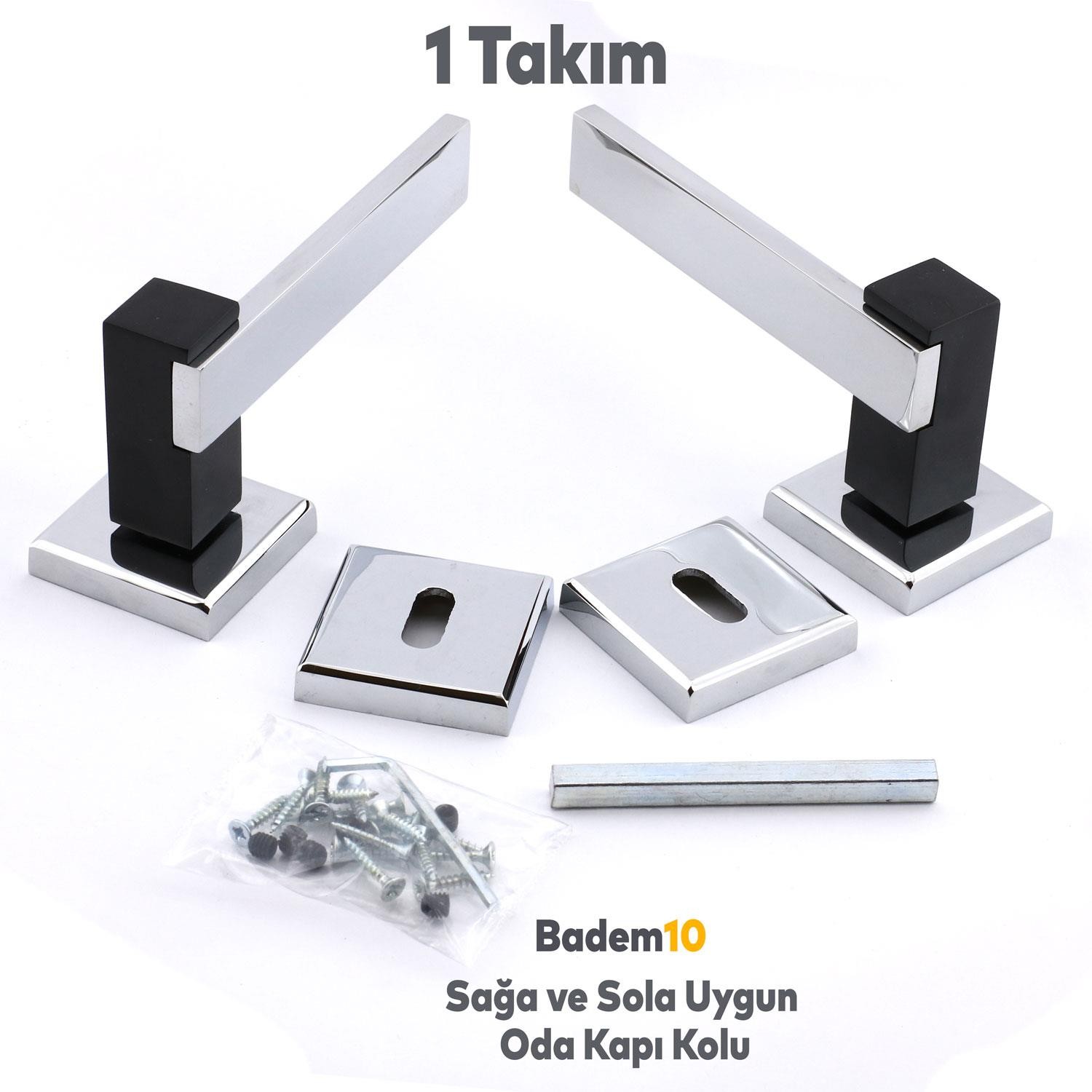 Begonya Lüx Mat Siyah Krom Kare Rozetli Oda Uyumlu Kapı Kolu Sağa ve Sola Uygun Kapı Kolları 1 Takım
