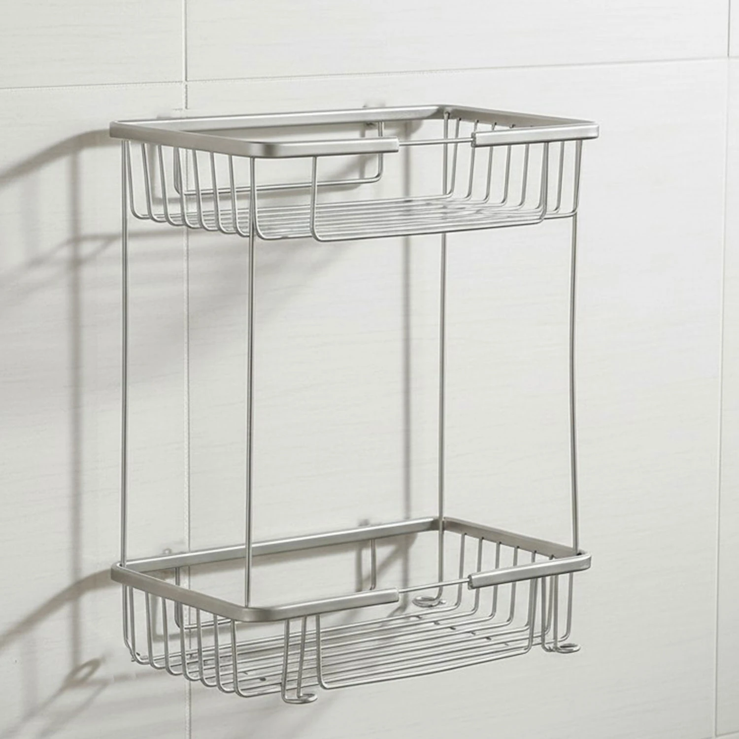 İki Katlı Krom Banyo Şampuanlık Kare Tasarım Çift Kat Duş Rafı Paslanmaz Metal Duvar Organizeri