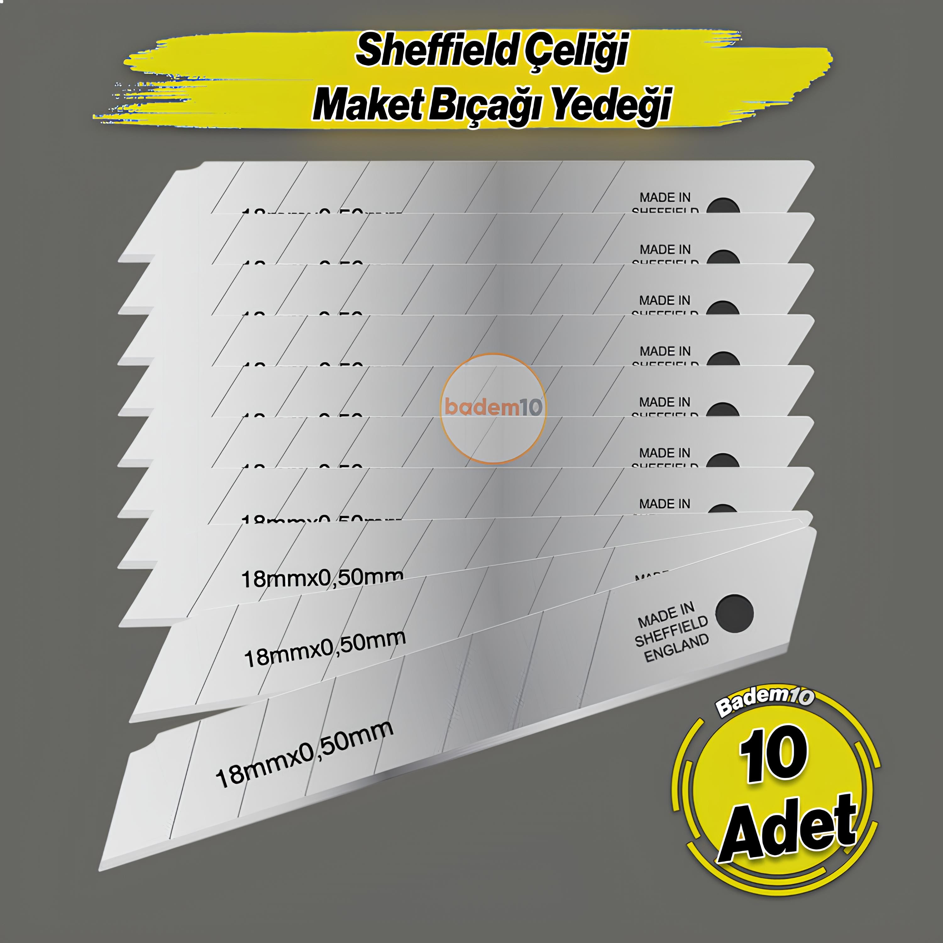İthal 10 Adet 8 Dilim Maket Bıçağı Yedeği Ucu 0.50 mm Kalınlık x 18 mm Genişlik Bıçak Ucu Jilet