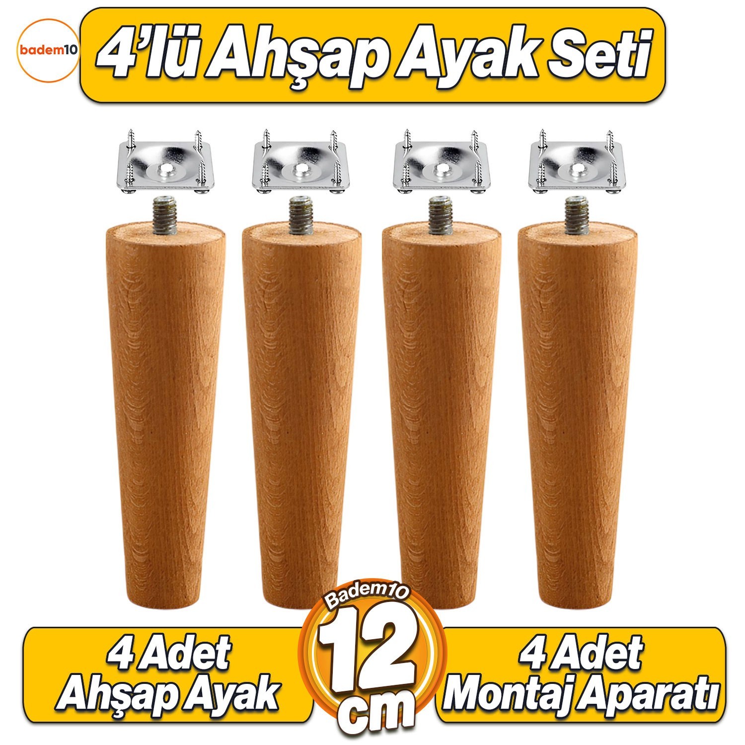 4'lü Set Ahşap 12 cm Mobilya Koltuk Kanepe Sehpa Masa Ayağı Ayakları M8 Civatalı Bağlantı Aparatlı