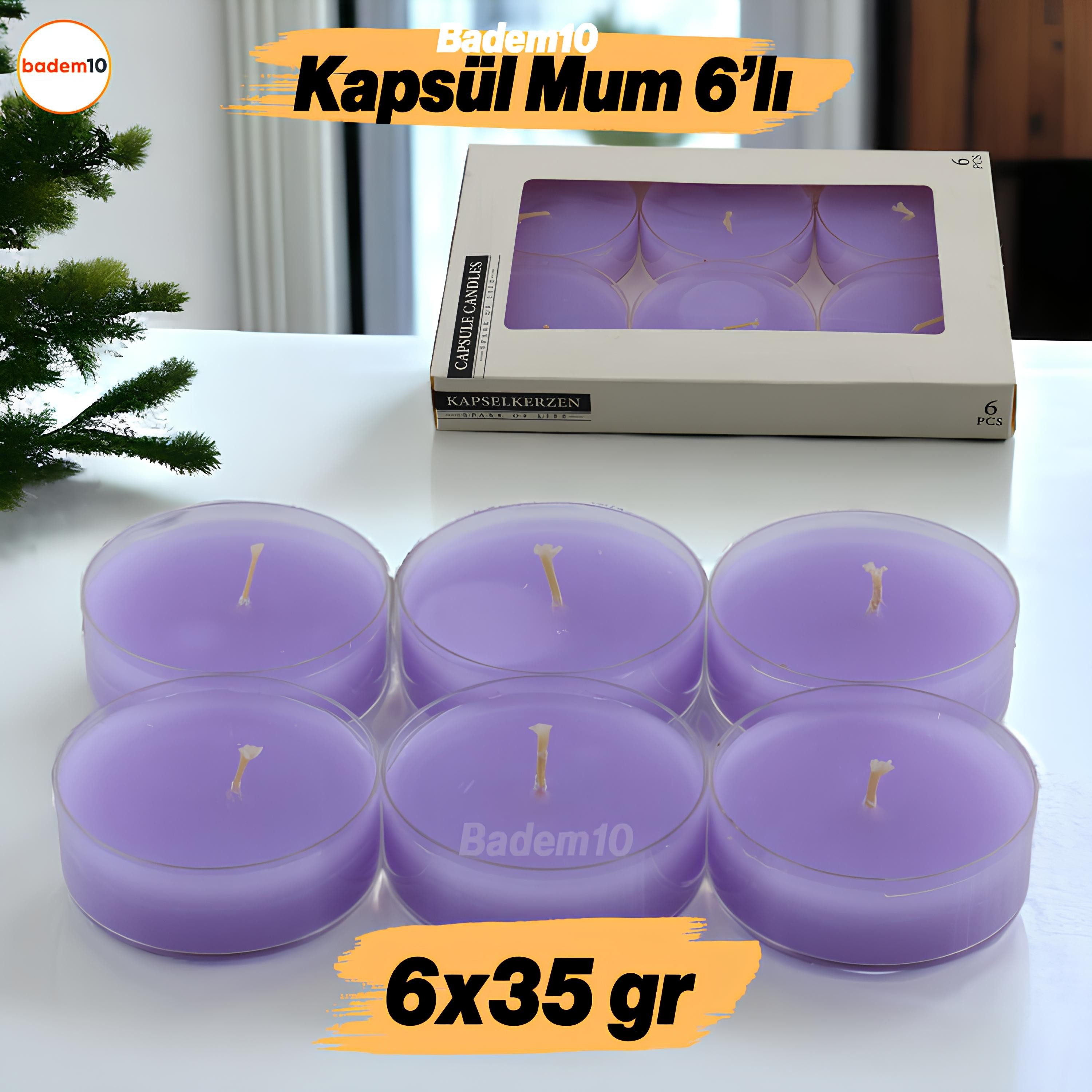 Tealight Kapsül Mum 6x35 Gr Dekoratif Mumu Kandil Hediyelik Fitilli Mumluk Şamdan Mor Renk Kokulu