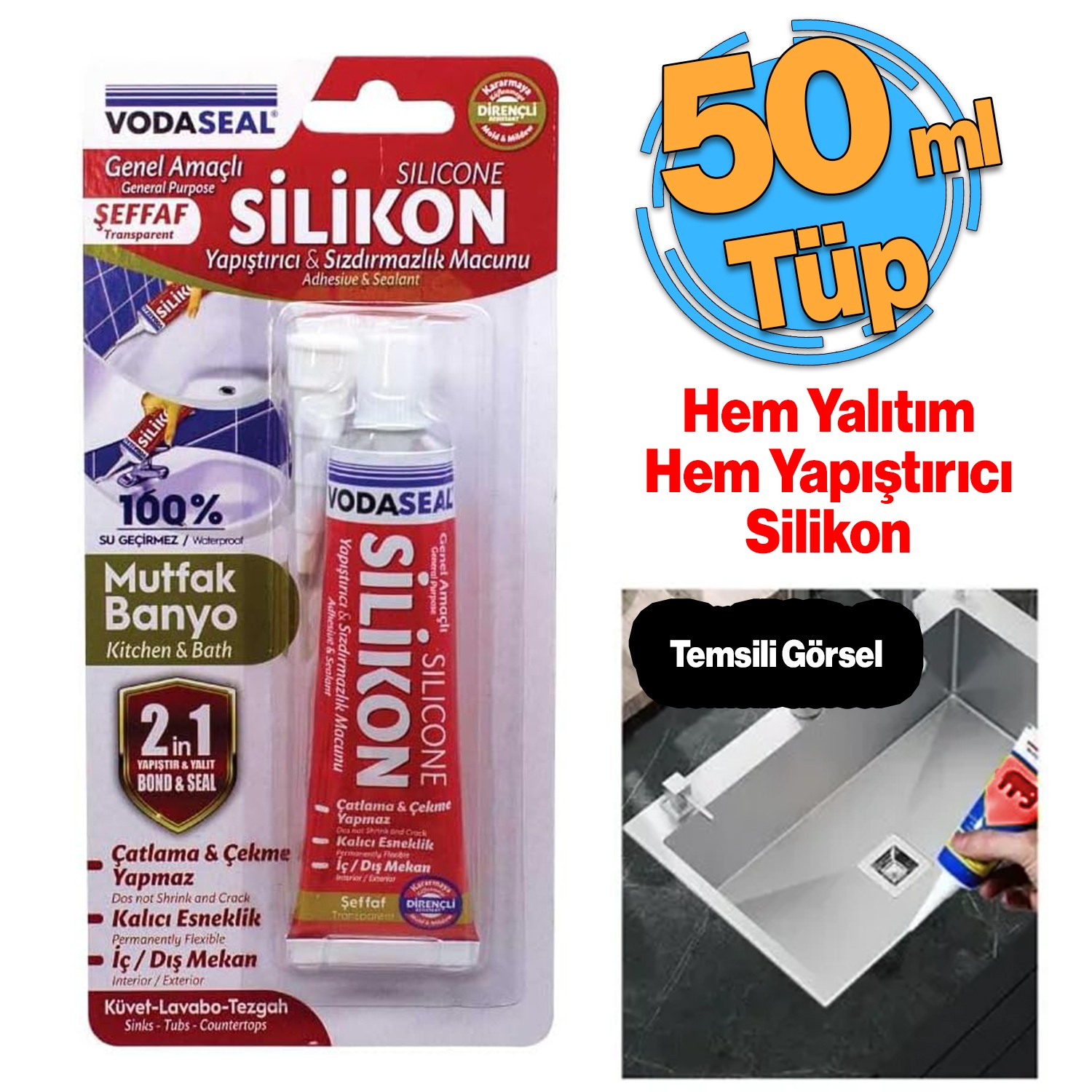 Şeffaf Genel Amaçlı Sızdırmaz Silikon Tüp 50 ml Elastik Sızdırmaz Macunu Yapıştırma Yalıtım  1 Adet