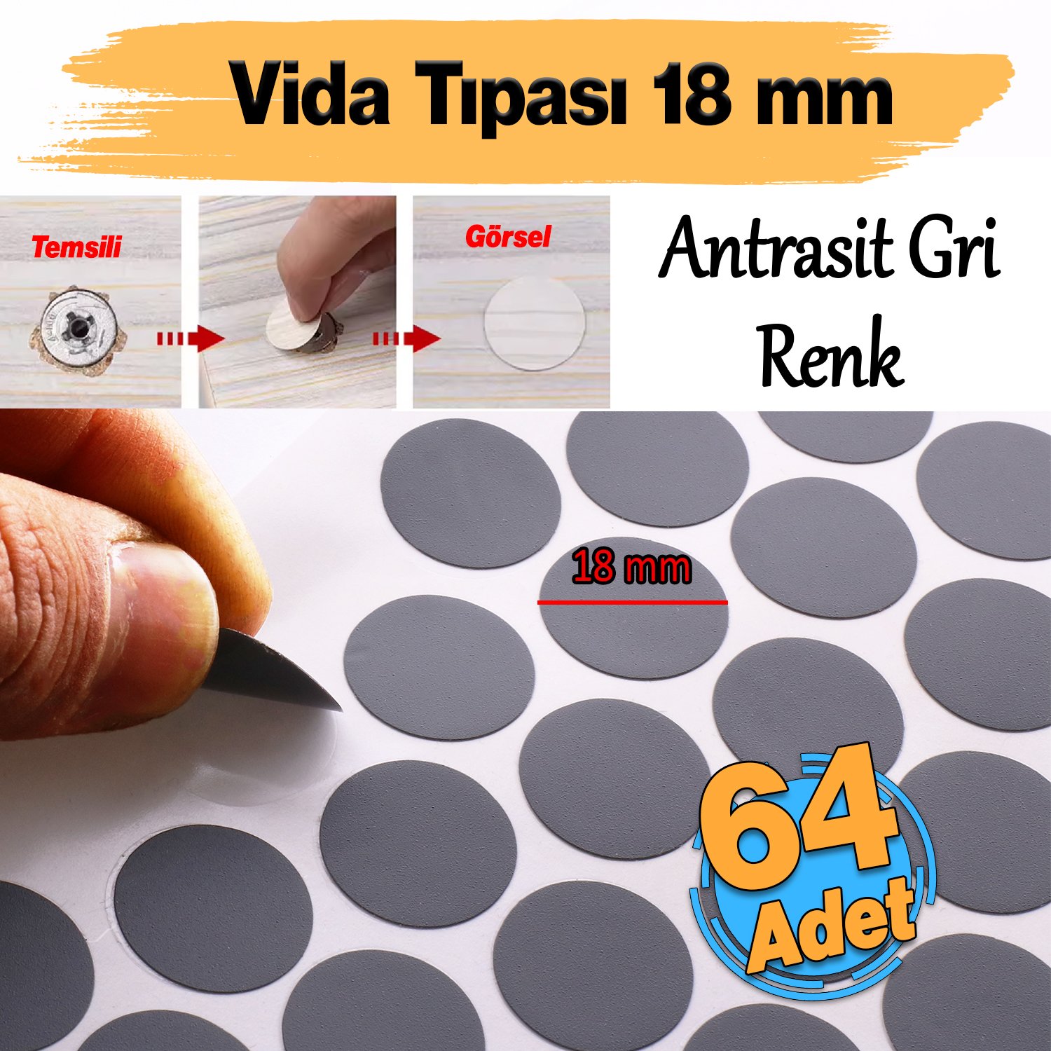Yapışkanlı Vida Tapası Tıpası 1.8 cm (64 Adet) Antrasit Gri Rengi Mobilya Delik Kapatıcı
