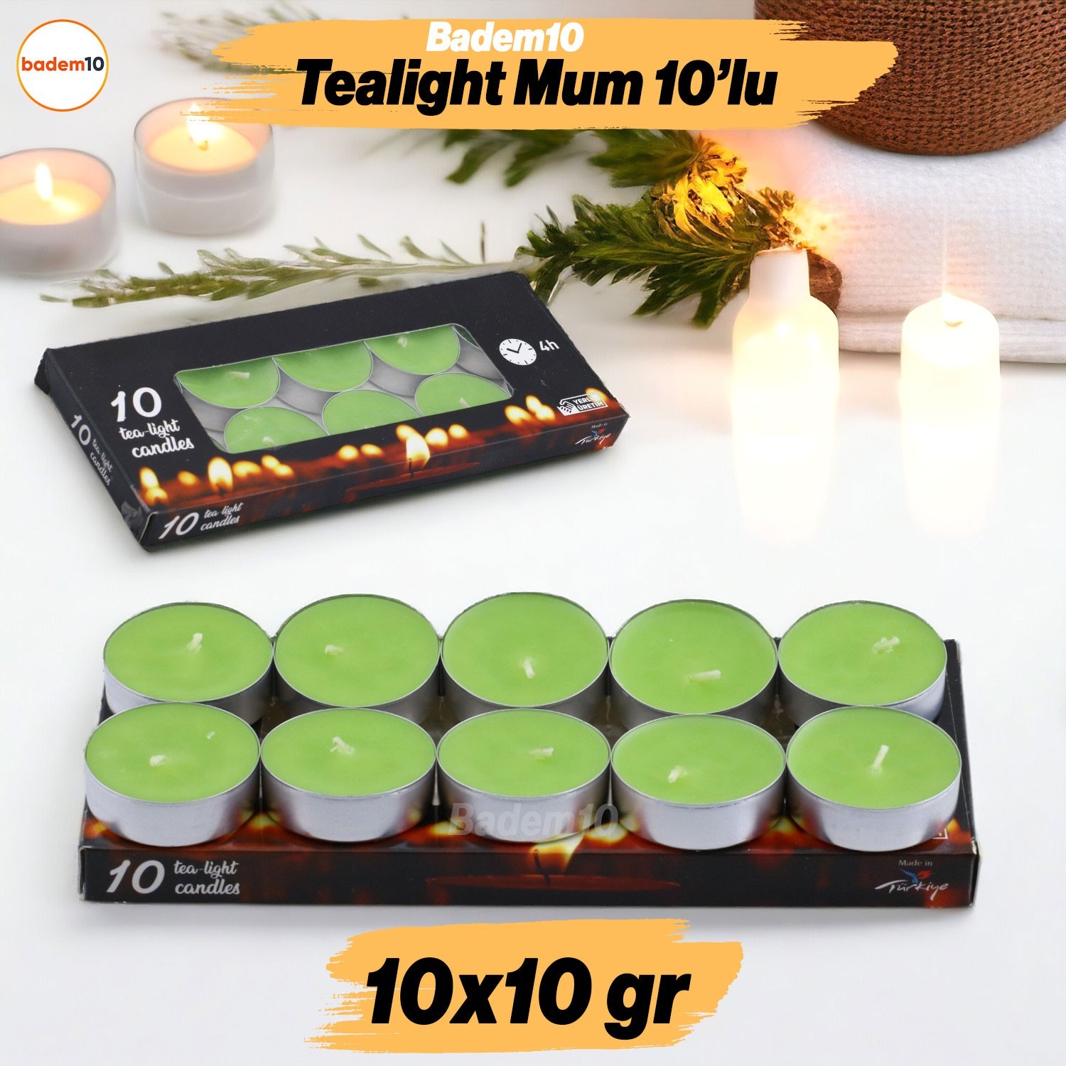 Tealight Mum 10x10 Gr Dekoratif Mumu Kandil Hediyelik Fitilli Mumluk Şamdan Yeşil Renk Kokusuz