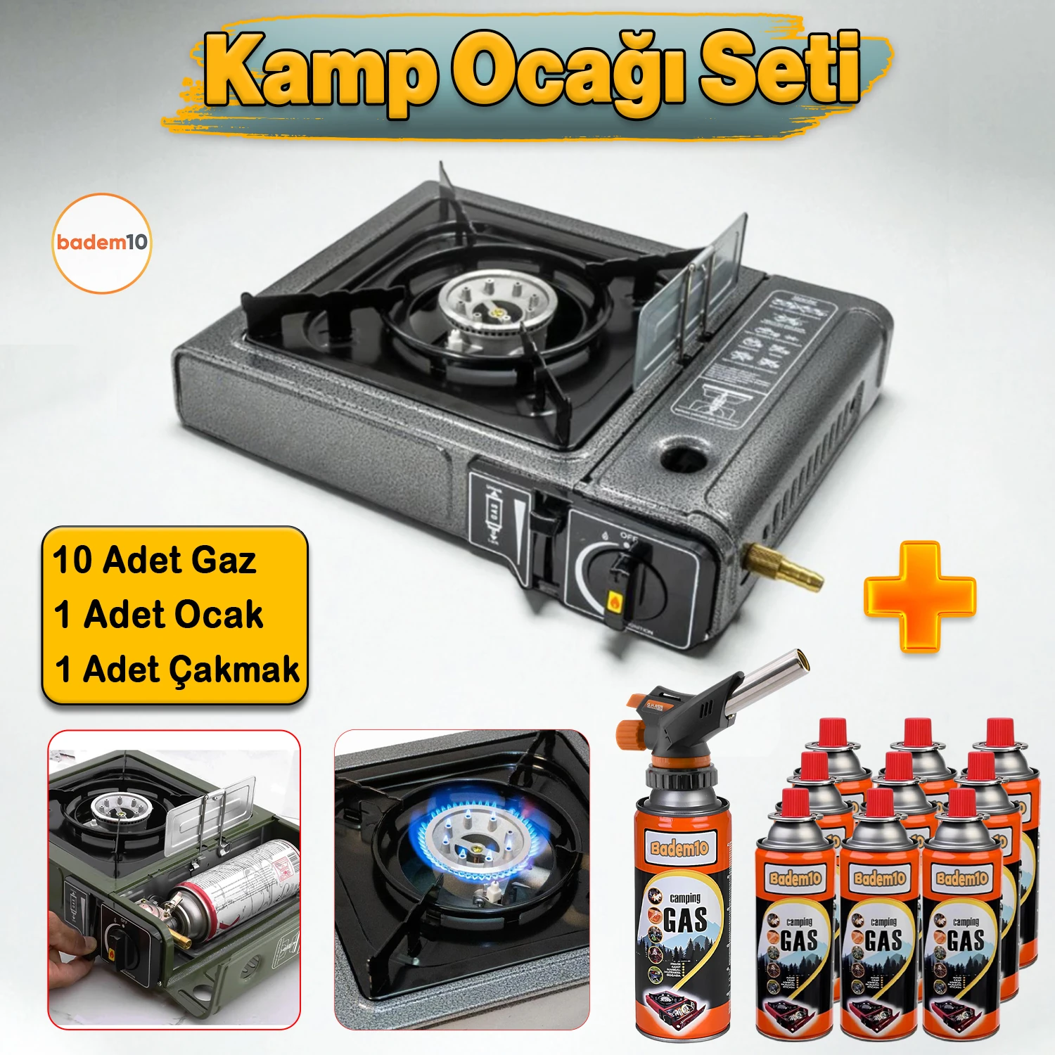 10'lu Gaz Taşınabilir Portatif Kamp Ocağı Tekli Tek Gözlü Gri Renk Kartuşlu Piknik Tüp Bağlantı Ocak