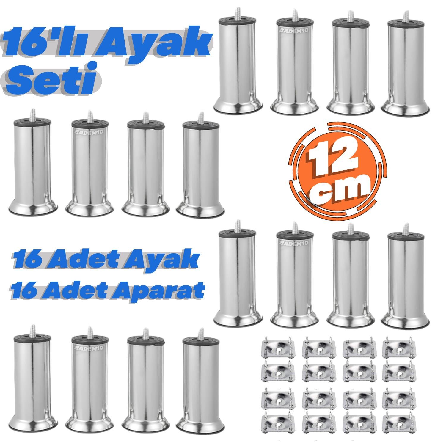 16'lı Set Krom 12cm Metal Mobilya Kanepe Koltuk Baza Yatak Çekyat Yükseltme Ayağı Ayakları M8 Civata