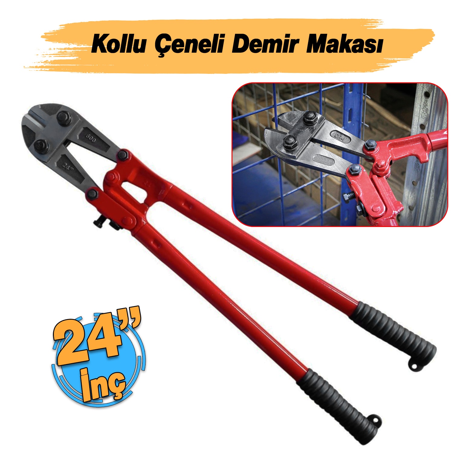(24'') Kollu Çeneli Kupplon Demir Kesme Makası Çubuk İnşaat Demiri Teli Metal Kesim Makası CR-V