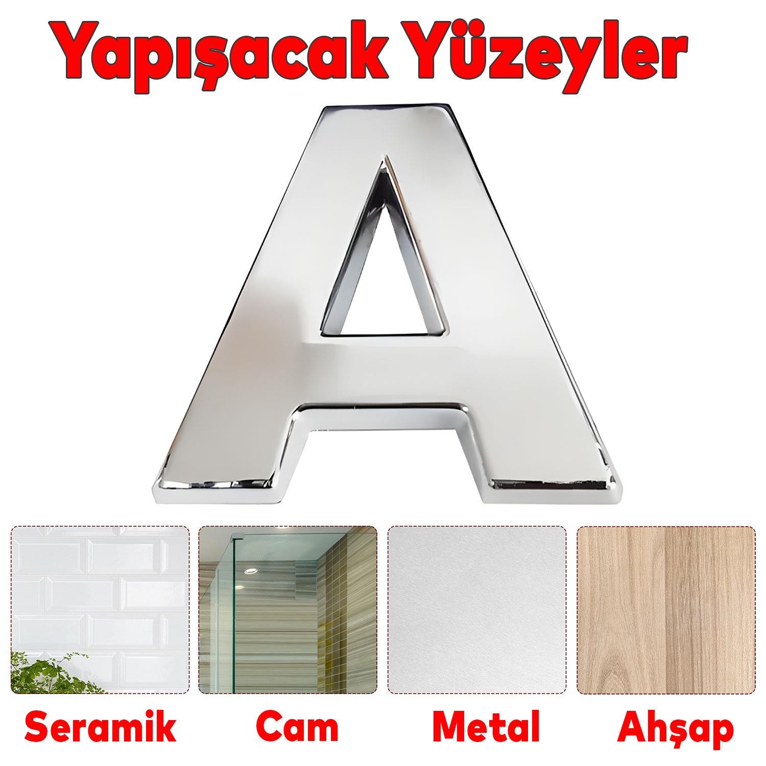 Harf Yapışkanlı A Harfi 5 cm Kapı Oda Posta Kutusu Oto Araç Harfi Yazısı Parlak Krom Gümüş 