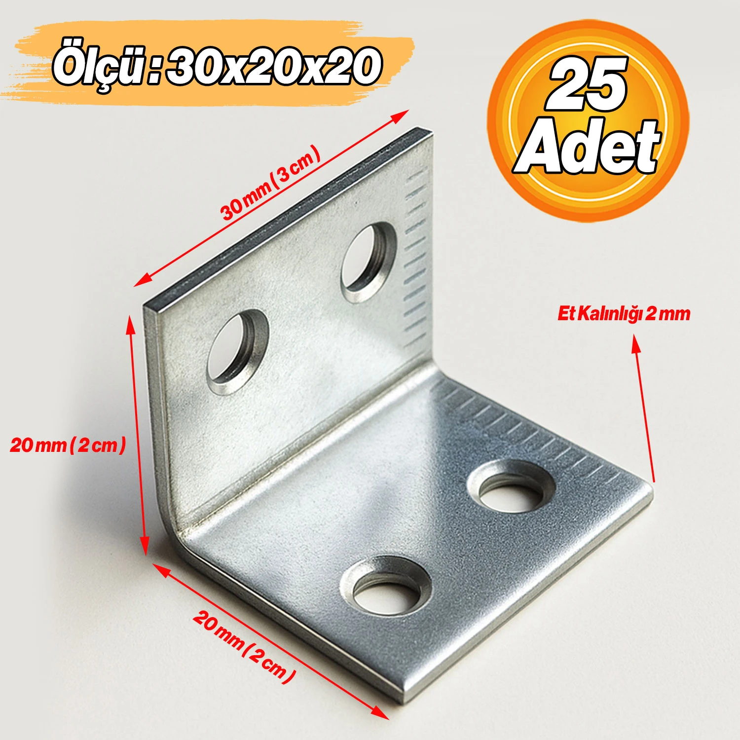 Metal L Demiri 30x20x20 mm Kalın Köşebent (25 Adet) Raf Dolap Köşe Bağlantı Mobilya Sabitleme Seti