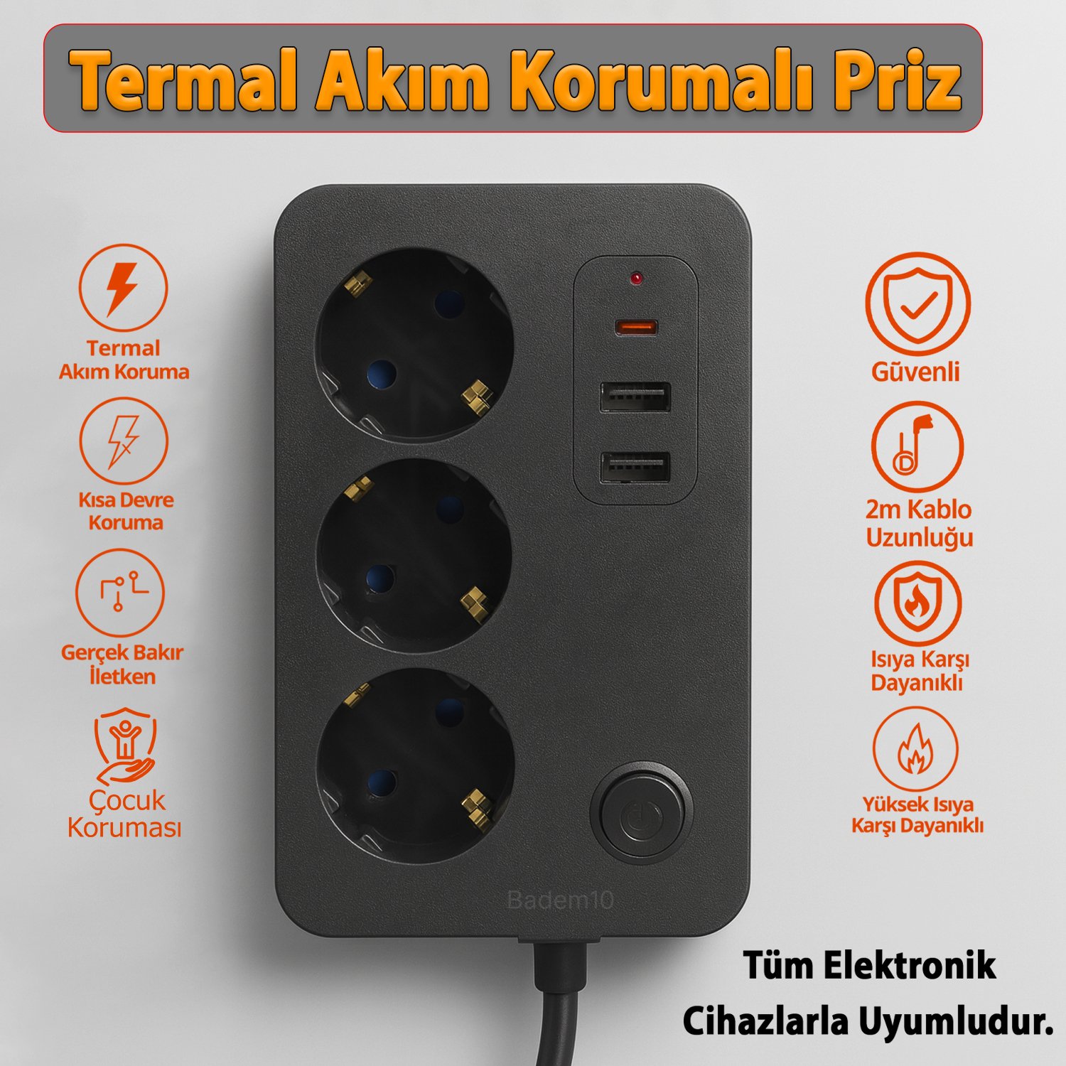 3 Prizli 3 USB Girişli Çocuk Akım Korumalı Topraklı Golyat Grup Şarj Fiş Priz 2 Metre Uzatma Kablosu