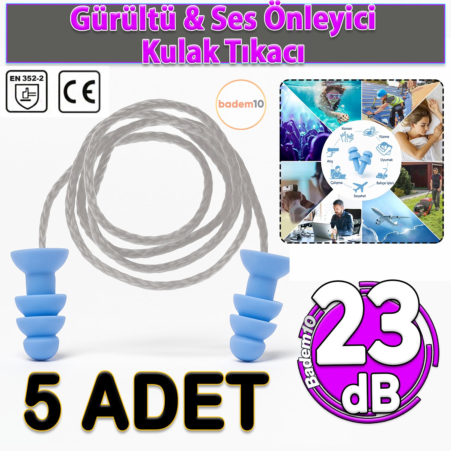 🔇5 Adet Gürültü Önleyici Yüzme Uyku Seyahat Tıkaç 23 dB Yıkanabilir Kulak Tıkacı İpli Su Geçirmez