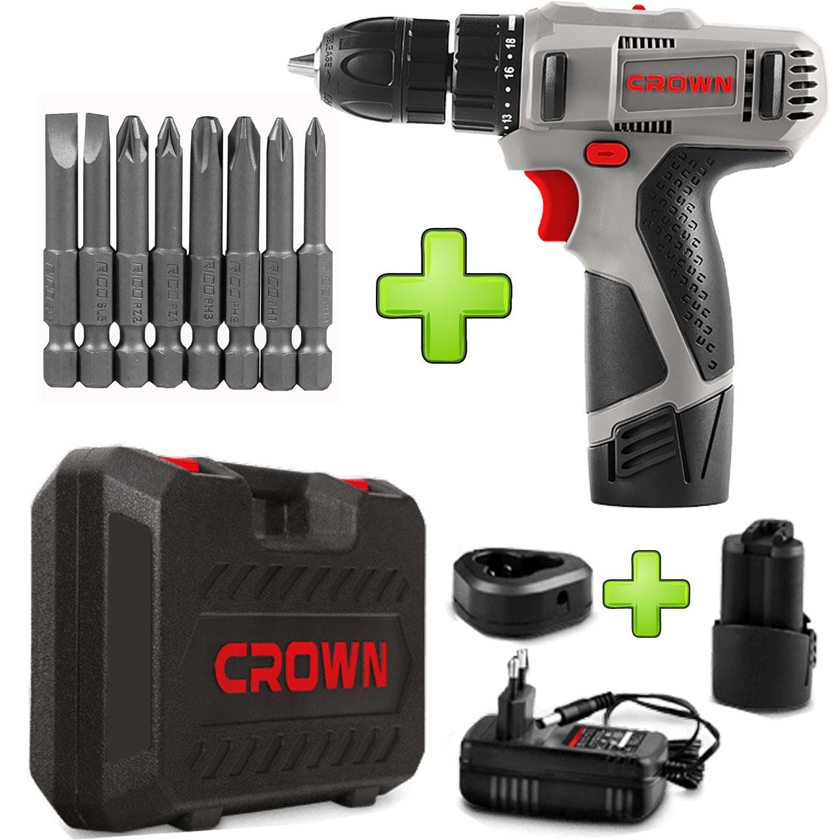 Crown Flex CT-21053L Akülü Darbesiz Matkap 10,8 V 1,5 Ah+BİTS UÇ SETİ