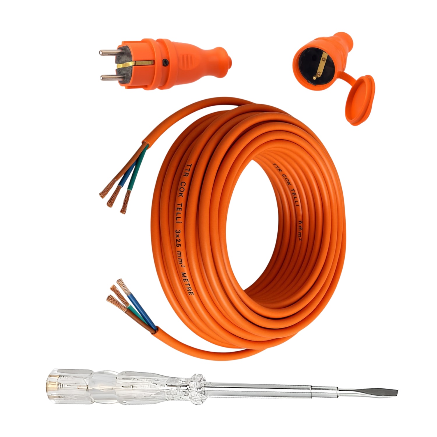Seyyar 15 Metre Uzatma Kablosu TTR CCA Çok Telli 3x2.5 mm Elektrik Kablo Kontrol Kalem Dişi Erkek Fiş
