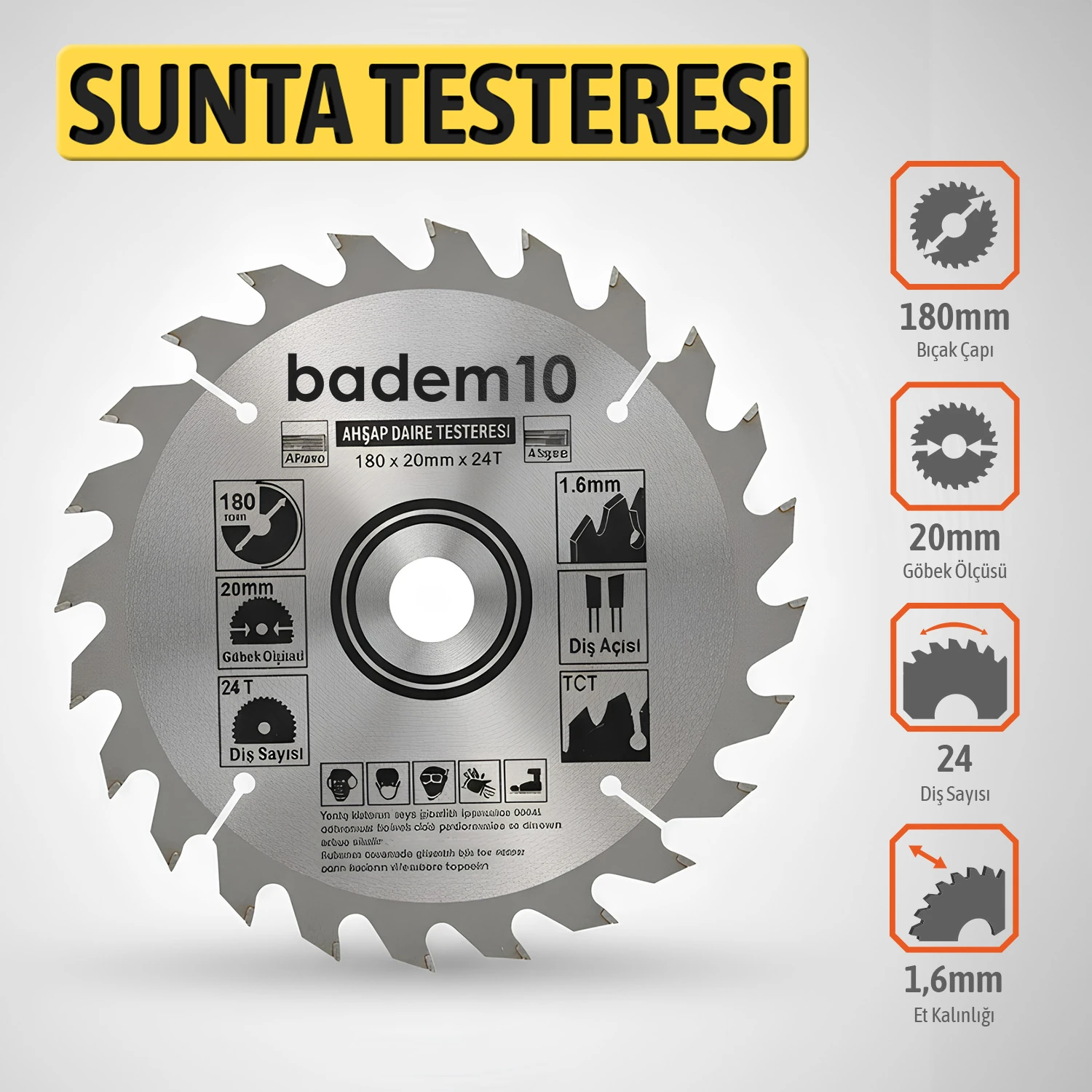 Metalik Gri Dayanıklı TCT 180mm 20mm 24T Sunta Ahşap Medefe Daire Testere Bıçağı