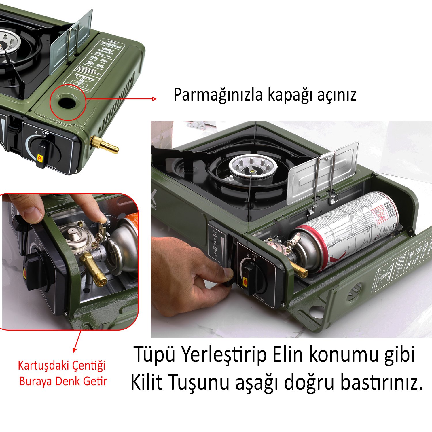 Taşınabilir Portatif Kamp Ocağı Tek Gözlü 5 Adet Gaz Kartuşlu Tüp Uyumlu Bağlantı Gezi Piknik Ocak