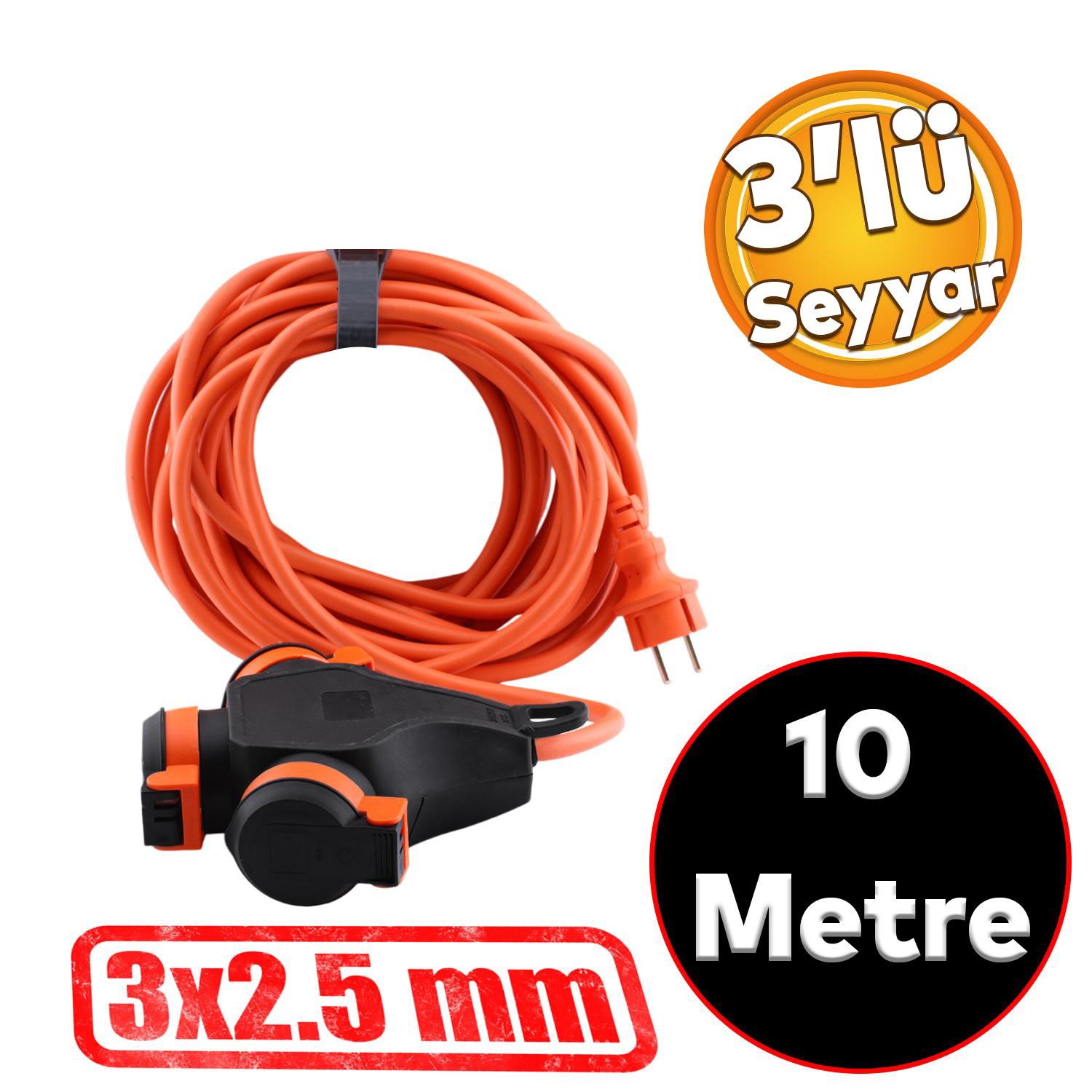 Bylion 3WHS-10325- F Monofaze Çoğaltıcı Seyyar Topraklı 3'lü Grup Priz Fiş 10 Metre Çoklu CCA Uzatma Kablosu 3x2.5 mm