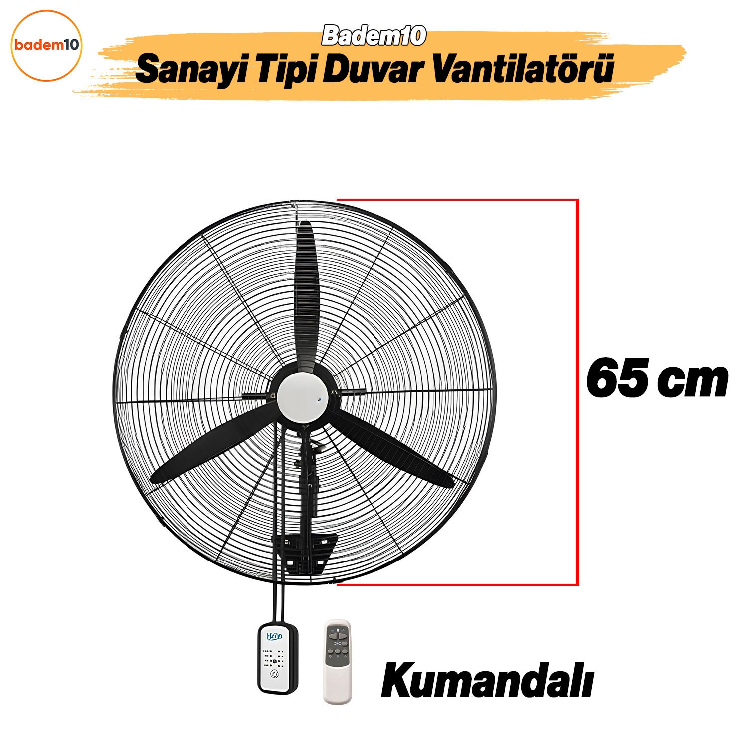 Sanayi Tipi Kumandalı 65 cm 190W Duvar Vantilatörü Endüstriyel Sessiz Duvara Monte Zincirli Fan