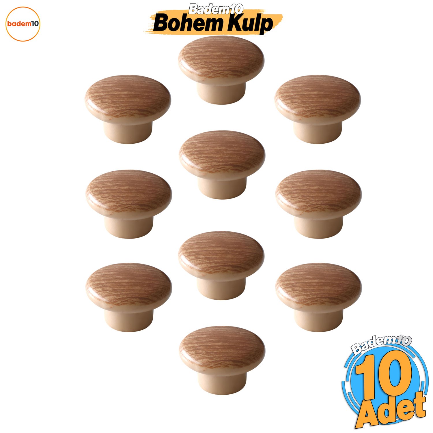 Bohem Düğme Kulp Açık Ceviz Renk 10 ADET Mobilya Mutfak Dolap Dolabı Çekmece Kulpu Kulbu Plastik