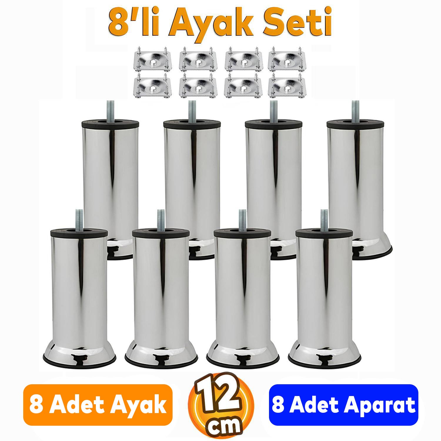 8'li Set Metal Mobilya Kanepe Koltuk Baza Yatak Çekyat Yükseltme Ayağı Ayakları M8 Civata Krom 12 Cm