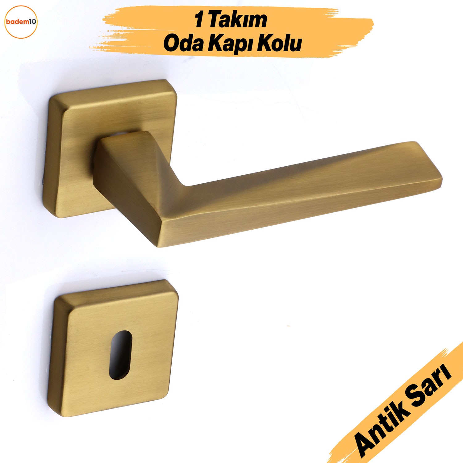 Vista Antik Sarı Oda Kapı Kolu Kare Rozetli Sürgülü ve Çelik Kapı Kulpu Uyumlu Sağ Sol Uygun Kolları