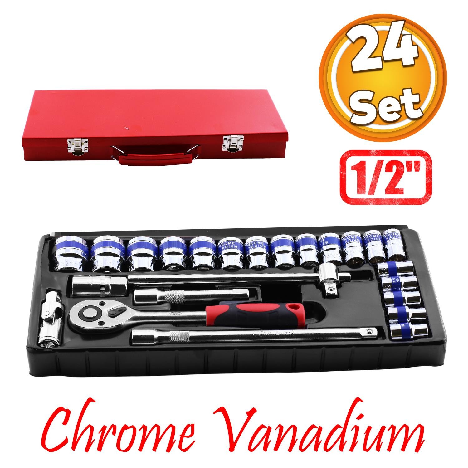 Lokma Takımı 24 Parça Uzatma T Kolu Buji Araç Tamir Cırcırlı Chrome Vanadium 1/2 Dr Socket Set