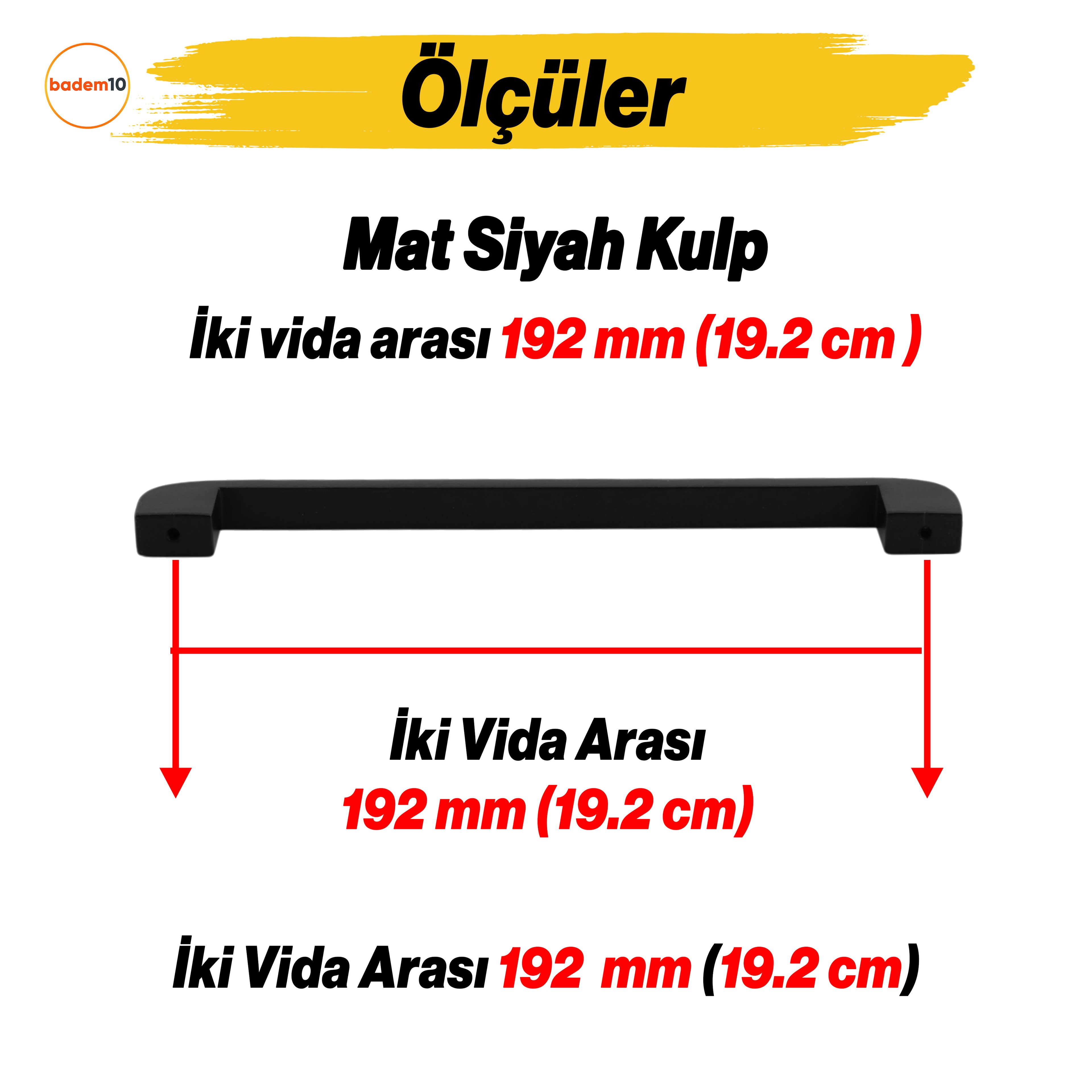 Zehra (192 mm - 19.2 cm) Mat Siyah Metal Mobilya Mutfak Çekmece Dolap Dolabı Kulbu Kulpu Kulpları