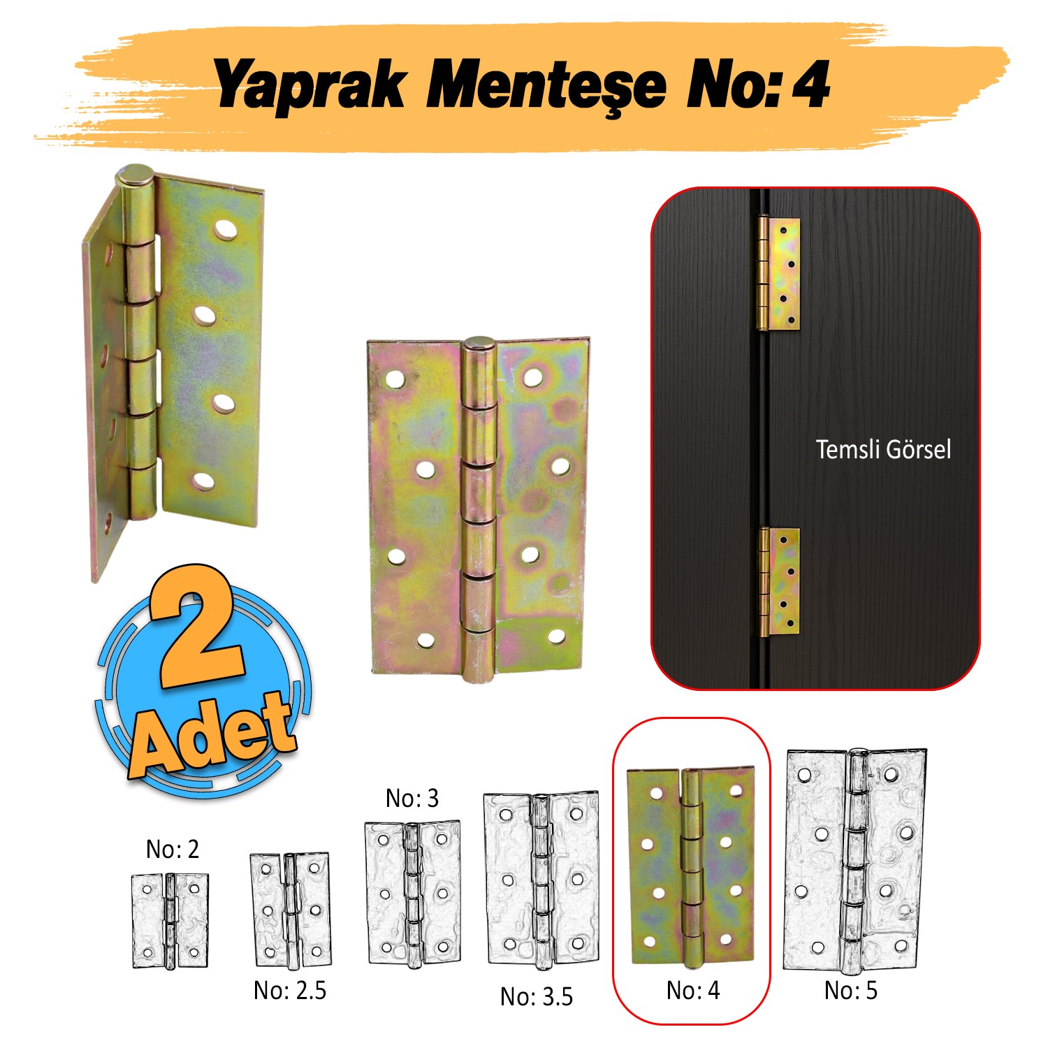 Metal Yaprak Menteşe 2 Adet Prinç Sarı No:4 Mobilya Pencere Kapı Dolap PVC Menteşesi İki Kanatlı
