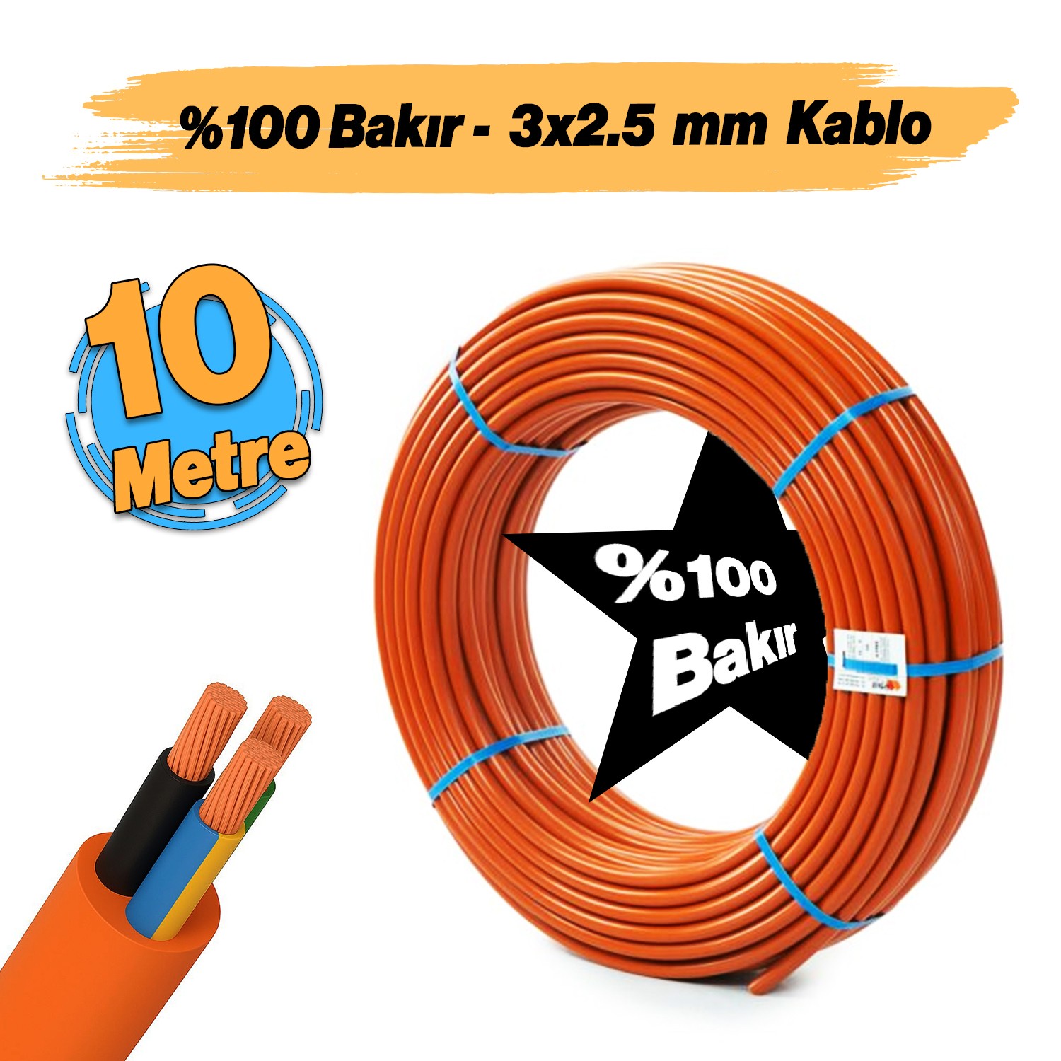 (10 Metre) %100 Bakır Çok Telli 3x2.5 mm Elektrik Kablosu Turuncu Elektrikli Araç Şarj Uygun Uyumlu