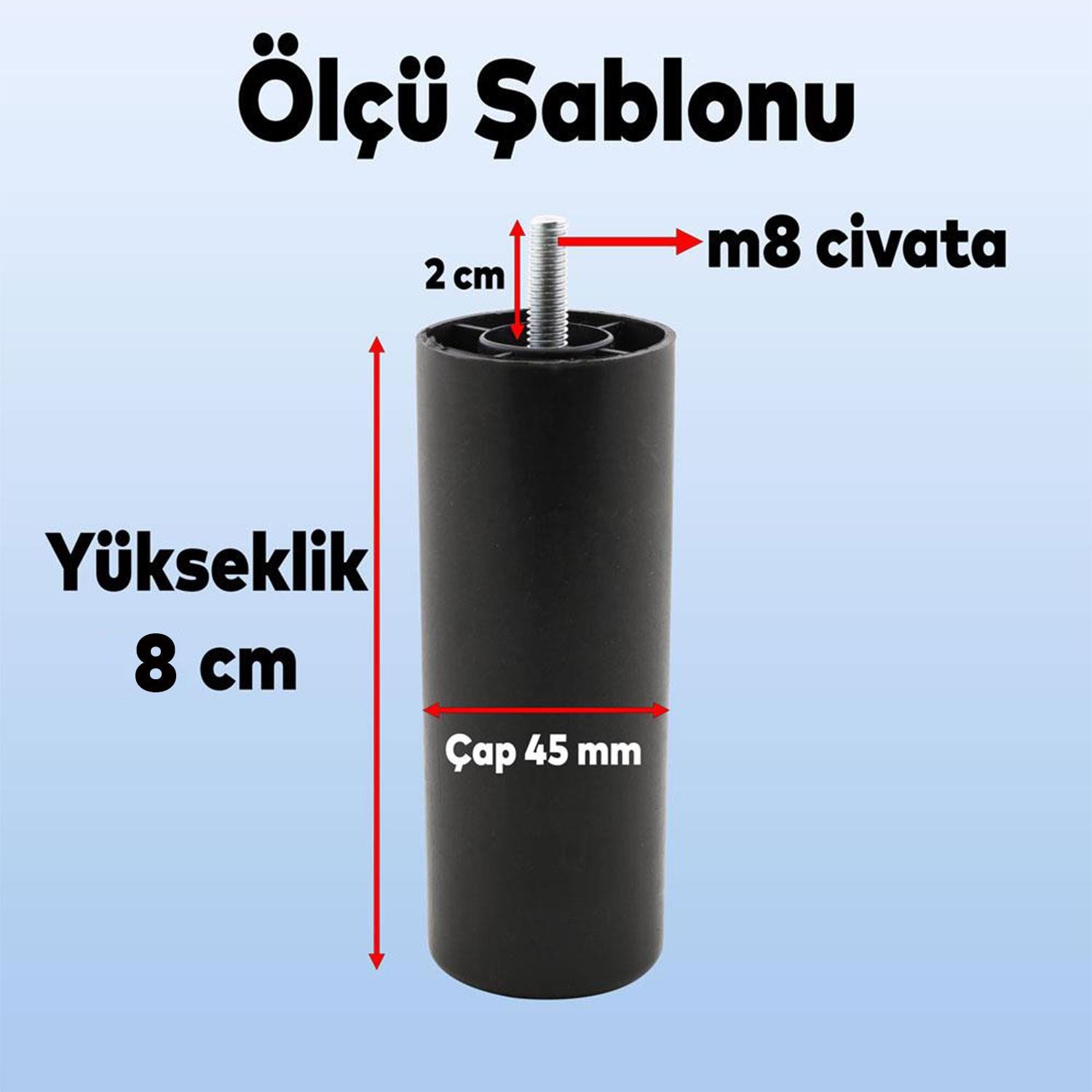 Mobilya Kanepe Koltuk Baza Yükseltici Yükseltme M8 Civatalı Vidalı Orta Destek Ayağı Ayak Siyah 8cm