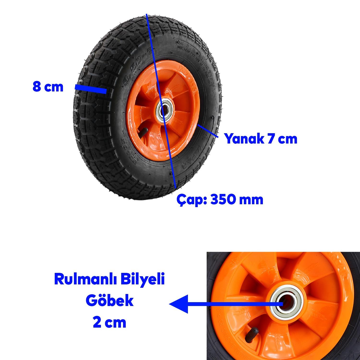 El Arabası Yük Taşıma Tekeri Siboplu Bilyeli Rulmanlı Şişme Havalı 350x70 mm Plastik Jant Tekerlek