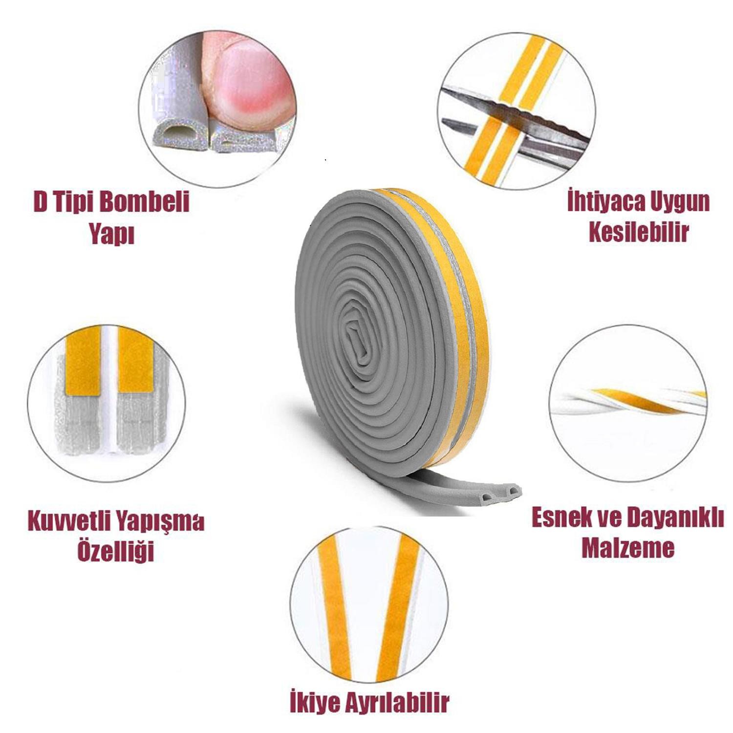 Yapışkanlı 10x2=20 Metre (GRİ) Kapı Pencere Bandı Fitili Soğuk Izolasyon Kauçuk Bantları