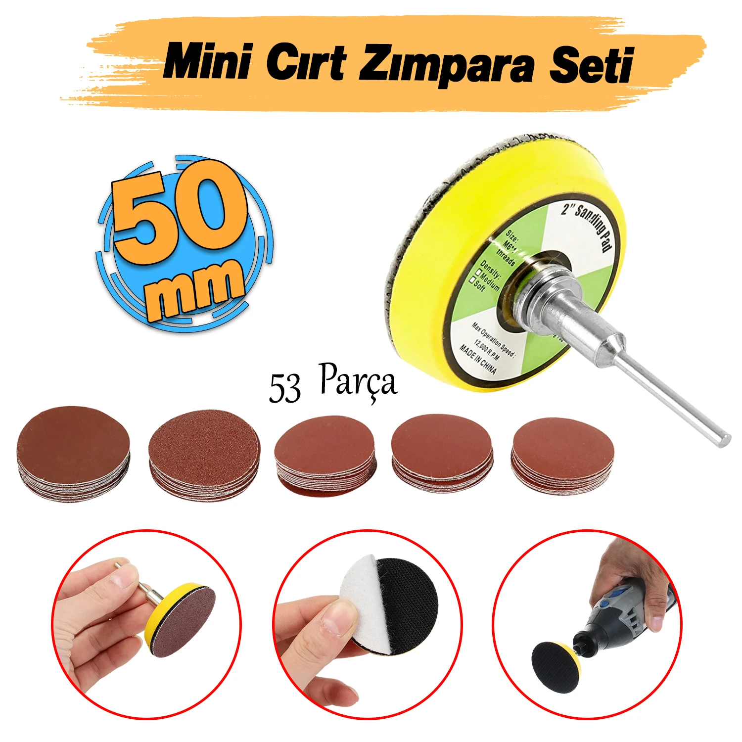 Pimli Mini 53'lü Cırt Zımpara Seti 50 mm Taban Matkap Uyumlu 80 120 320 600 800 Kum Karışık Grit