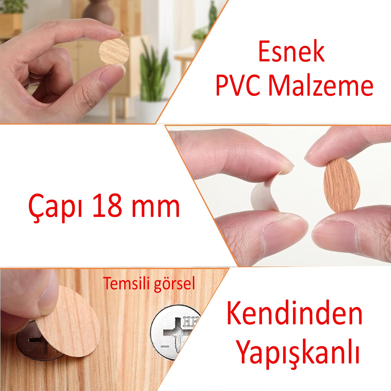 Yapışkanlı Vida Tapası Tıpası 1.8 cm (64 Adet) Süt Meşe Rengi Mobilya Delik Deliği Kapatıcı